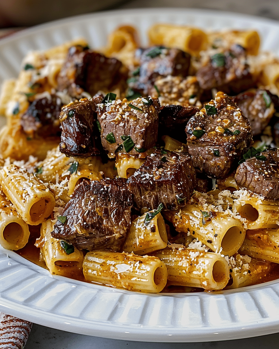 Cajun Steak Tips in Cheesy Rigatoni Parmesan Sauce