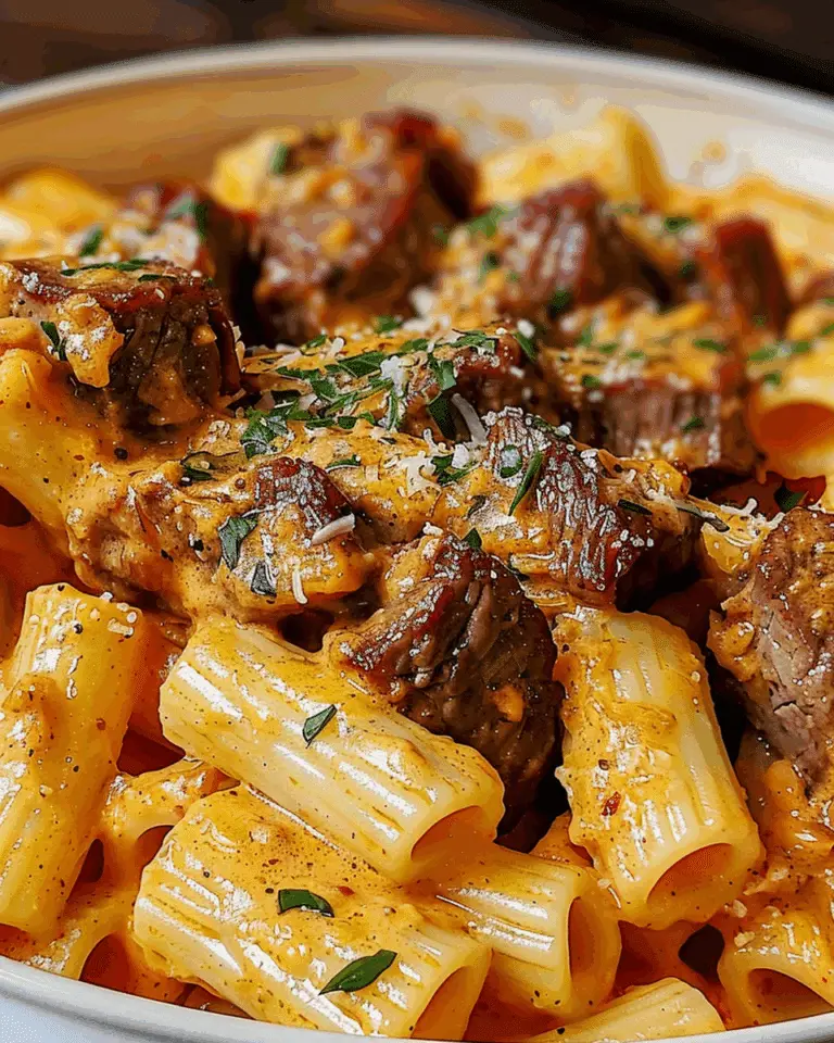 Cajun Steak Tips in Cheesy Rigatoni Parmesan Sauce