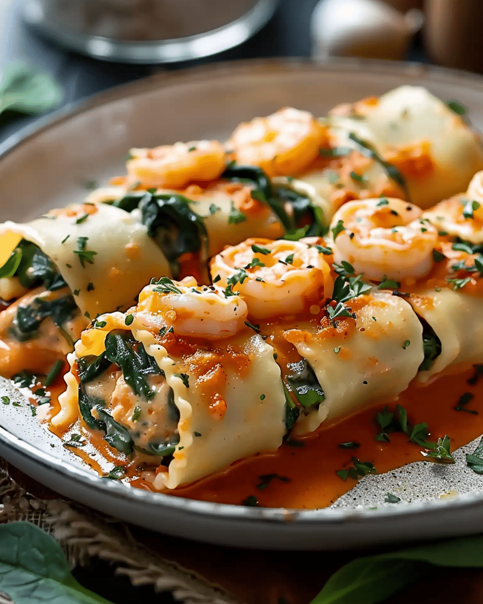 Shrimp and Spinach Stuffed Pasta Rolls with Roasted Red Pepper Cream: An Incredible 7-Step Recipe