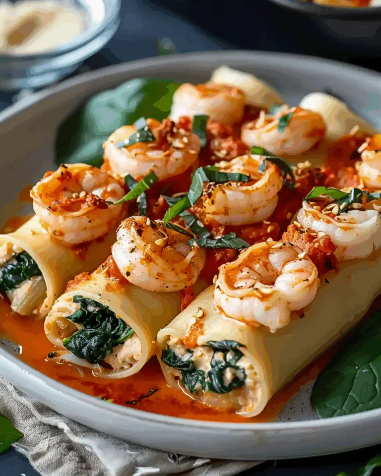 Shrimp and Spinach Stuffed Pasta Rolls with Roasted Red Pepper Cream: An Incredible 7-Step Recipe