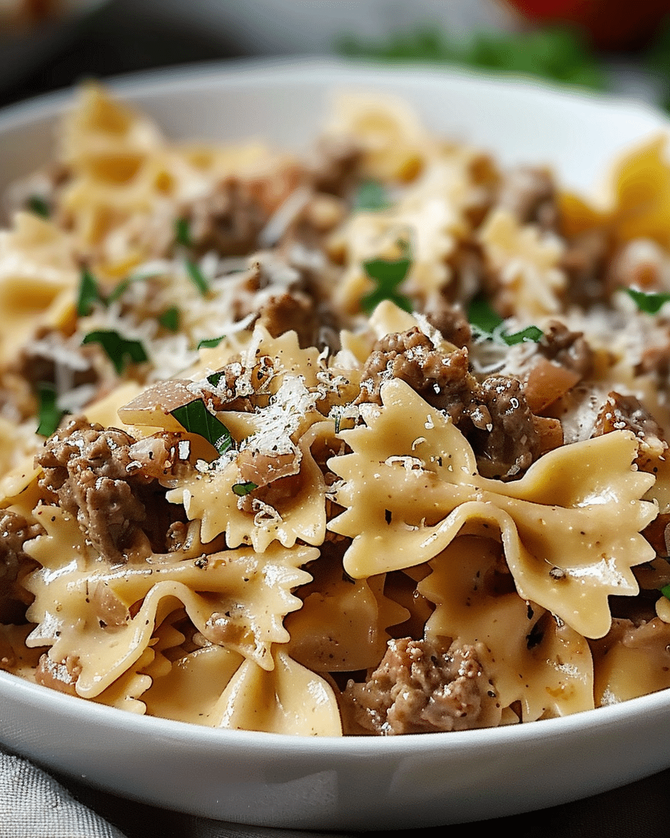 Garlic Parmesan Bowtie Pasta with Creamy Beef
