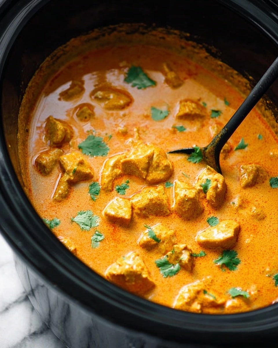 The image shows a black slow cooker filled with a creamy orange curry with chunks of tender chicken evenly mixed throughout. The sauce has a smooth texture and is topped with small green cilantro leaves scattered on the surface. A black spoon is partially submerged on the right side, slightly lifting some of the curry. The background is a white marbled texture. photo taken with an iphone --ar 4:5 --v 7