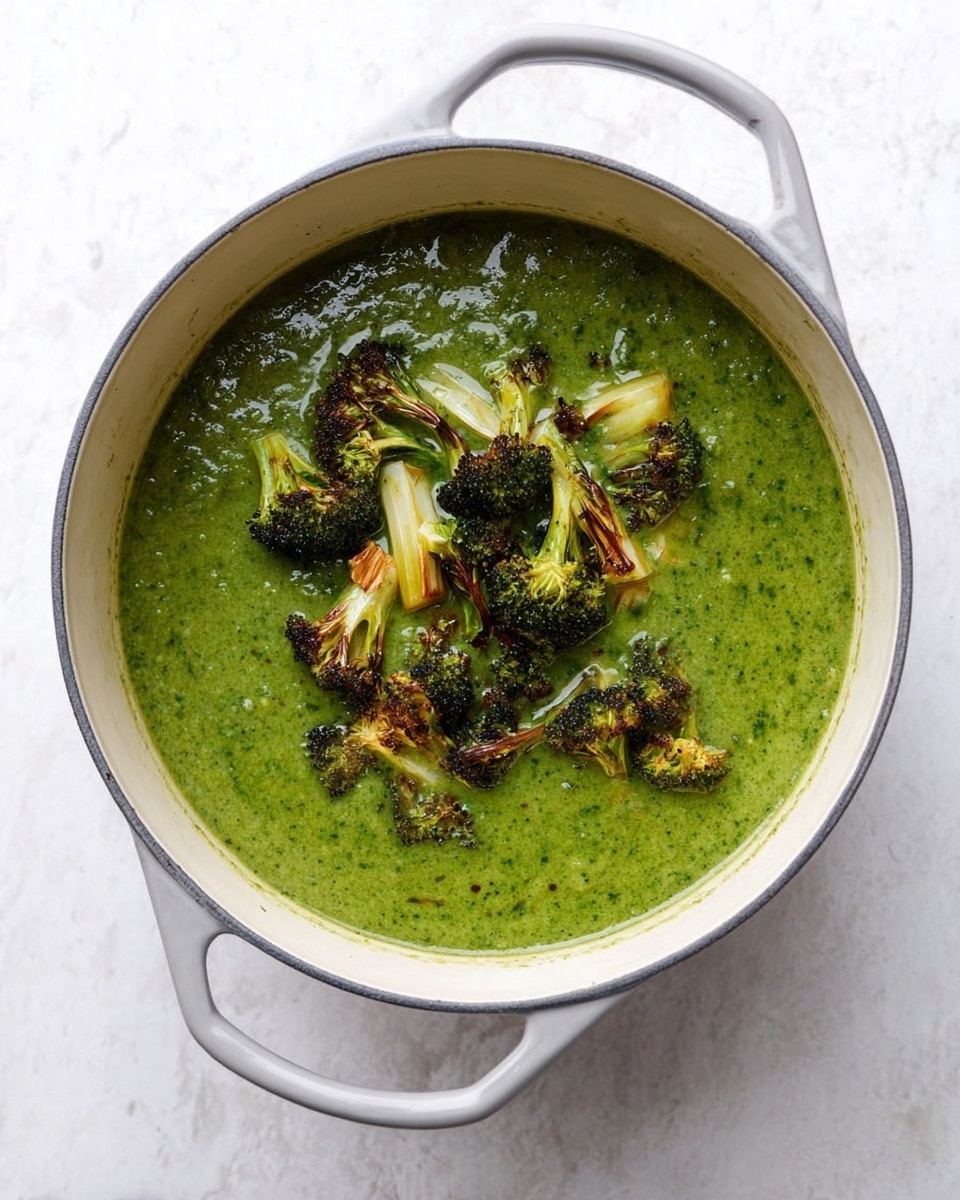 A white enamel pot with light gray handles holds thick green soup with a smooth, slightly textured surface. On top, there are several roasted broccoli florets scattered in the center, showing charred, dark brown edges and bright green centers with some cream-colored stalks visible. The pot sits on a white marbled surface. photo taken with an iphone --ar 4:5 --v 7