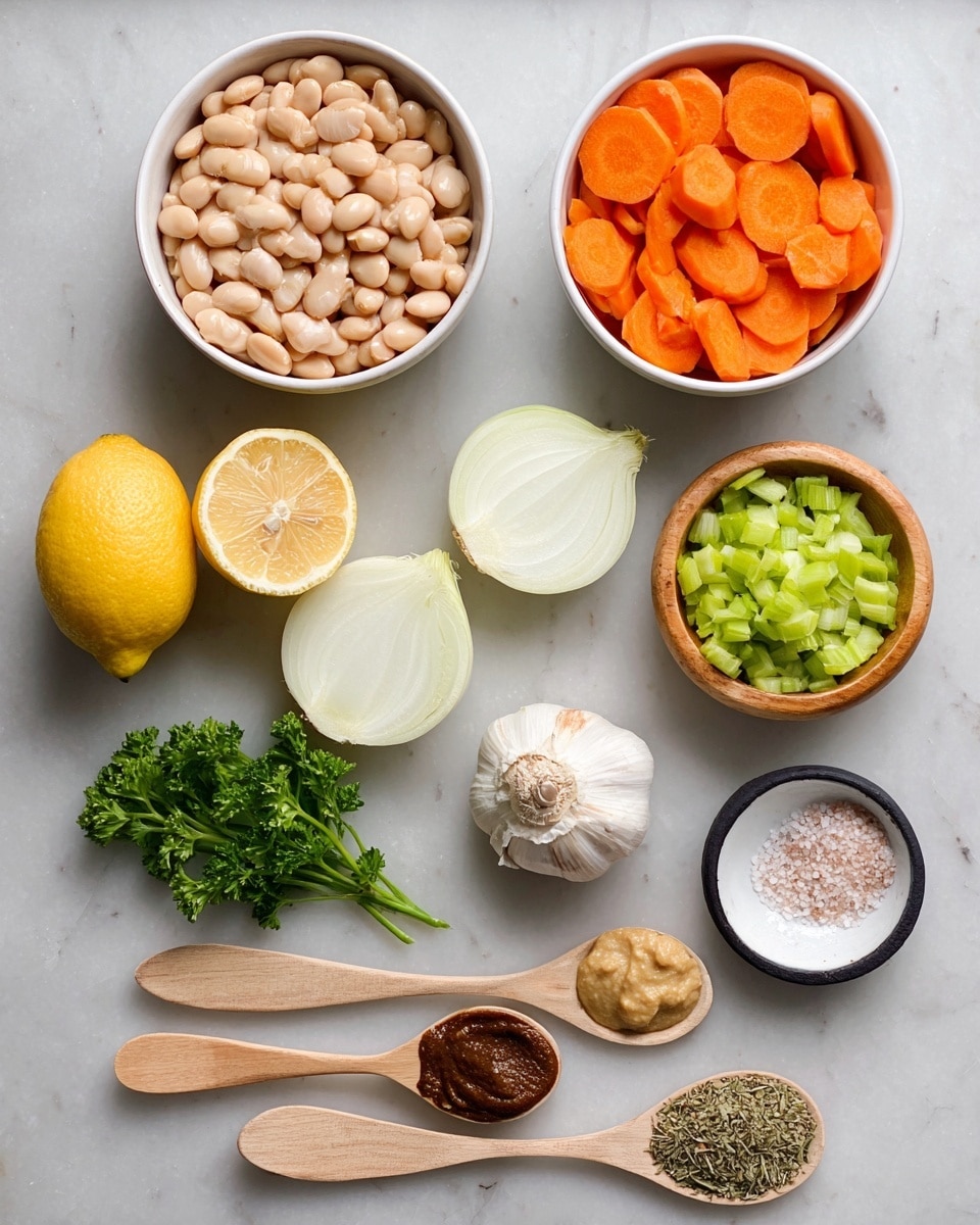 The image shows several ingredients neatly arranged on a white marbled surface. On the left, a white bowl filled with pale beige beans sits next to a smaller white bowl filled with bright orange carrot slices placed at the top right. Below the carrot bowl, a small wooden bowl holds chopped light green celery. Two halves of a white onion are centered below the bowls, flanked by a whole garlic bulb to the right and a sprig of curly parsley below. To the left of the onion halves, two lemon halves and one whole lemon display their bright yellow color. At the bottom, four wooden spoons hold different spices and sauces: creamy beige tahini, dark brown paste, and two types of dried herbs in green shades. A small white dish with black rim holds coarse pink salt and black pepper next to the spoons. photo taken with an iphone --ar 4:5 --v 7