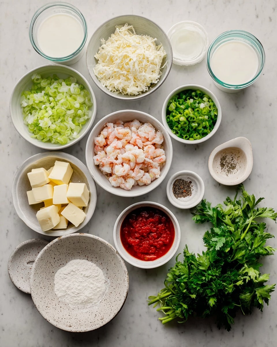 The image shows an overhead view of several small white bowls arranged neatly on a white marbled surface, each containing different ingredients. There are small shrimp in one bowl, shredded crab meat in another, and finely chopped celery in another white bowl. A bowl holds butter cut into cubes, and two small bowls hold chopped green onions and sliced scallions. There are also white bowls containing flour, pepper, and a red sauce. A bunch of fresh green parsley rests on a speckled white plate. Two glass containers hold milk and water, completing the array of ingredients. photo taken with an iphone --ar 4:5 --v 7