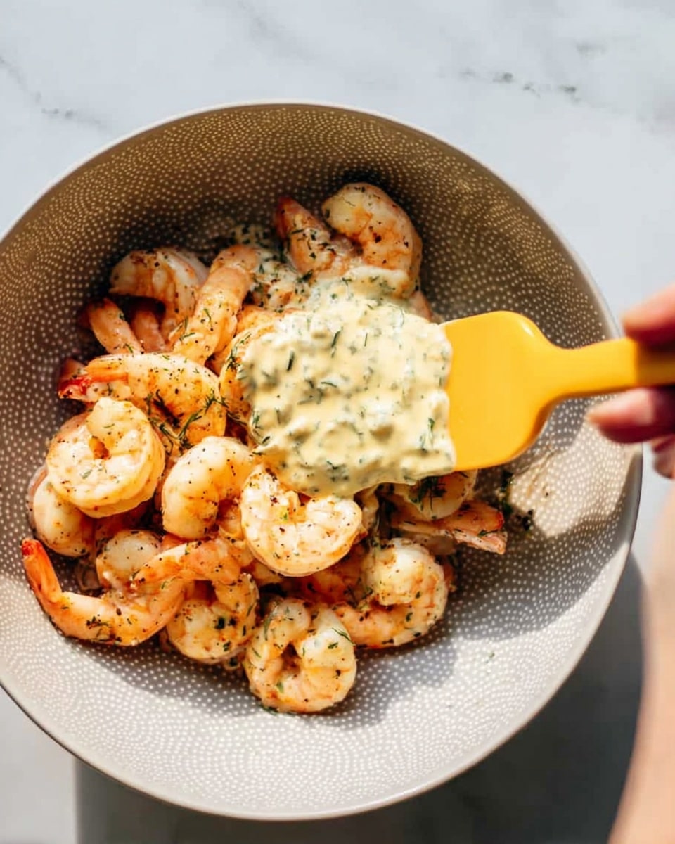 The image shows a bowl with cooked shrimp that are orange with some brown spots from seasoning. On top of the shrimp, there is a creamy, light yellow sauce with small green herbs mixed in. The sauce is being spread over the shrimp with a yellow spatula held by a woman's hand coming from the left side. The bowl is white with a greyish pattern inside, and it is placed on a white marbled surface. The lighting is natural, showing slight shadows. photo taken with an iphone --ar 4:5 --v 7