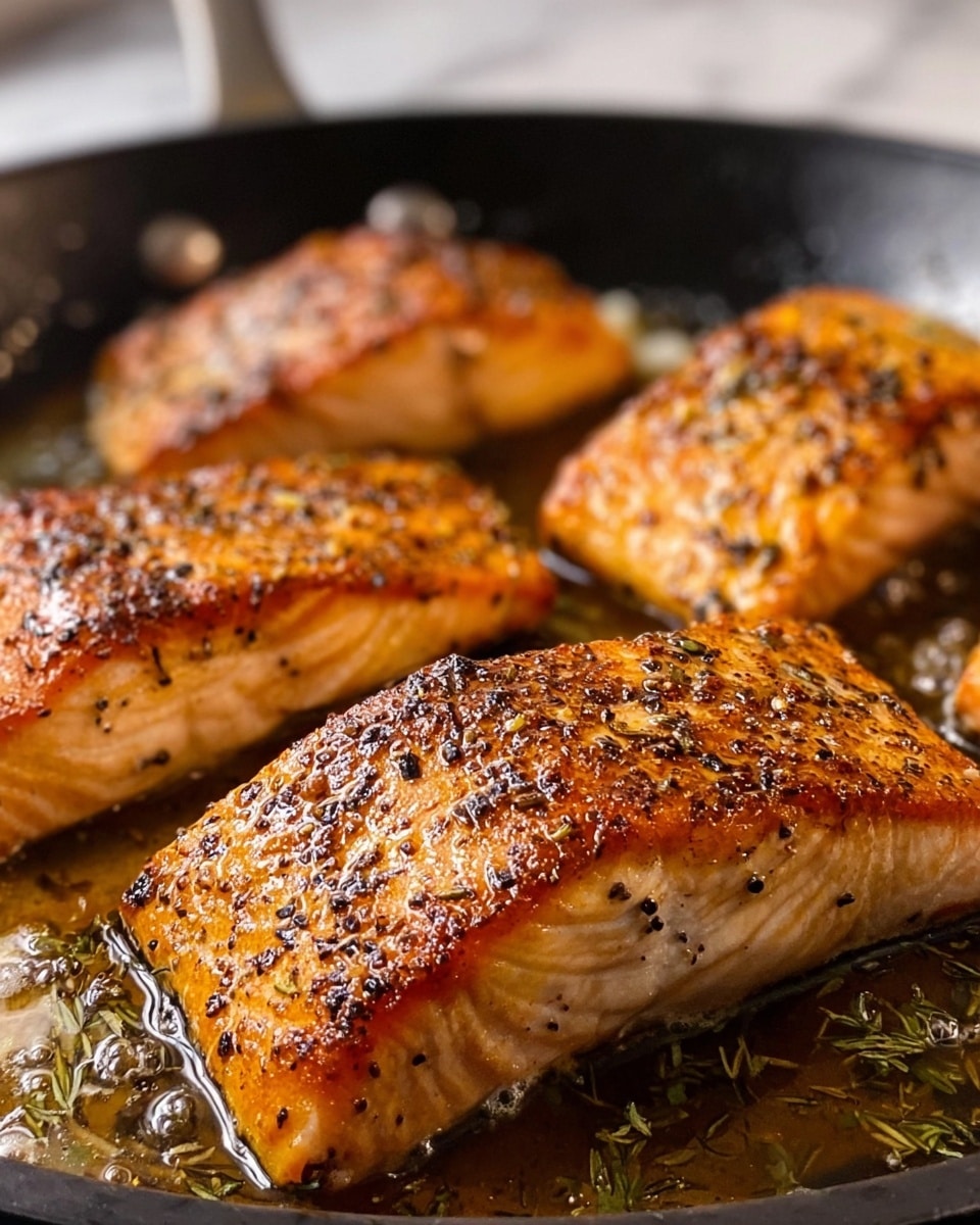 The image shows four pieces of cooked salmon in a skillet. Each piece has a golden brown crust with visible black pepper and seasoning on top. The salmon pieces are arranged in the pan with the closest one in focus, showing a crispy, slightly shiny surface, and a soft, flaky texture underneath. The skillet surface is dark with cooking oil and some herbs visible around the salmon. The background features a white marbled texture. Photo taken with an iphone --ar 4:5 --v 7