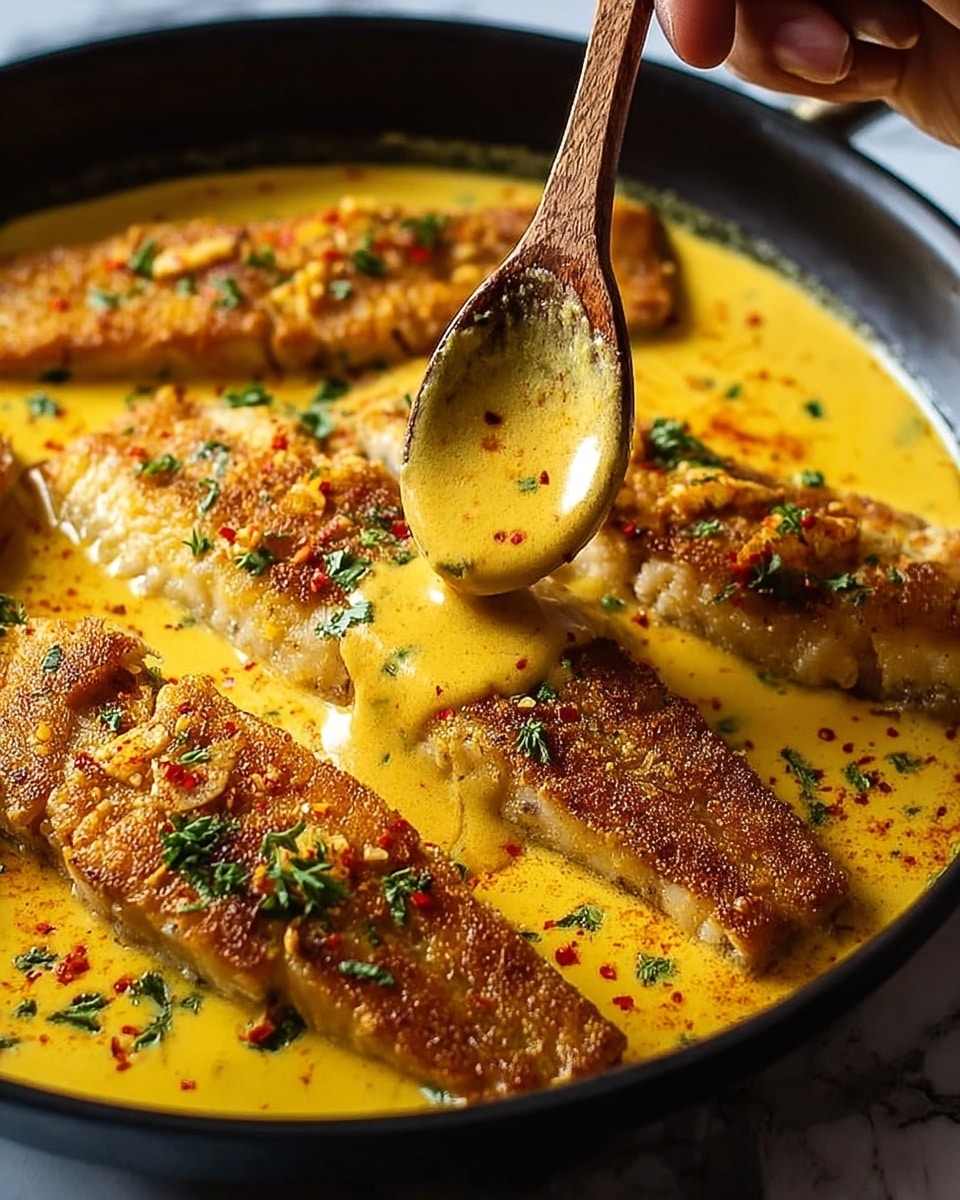 The image shows several golden-brown cooked fish filets lying in a dark pan, covered with a rich, creamy yellow sauce sprinkled with red spices and small green herbs. A woman's hand holding a wooden spoon is pouring more sauce over one of the fish filets, highlighting the smooth texture of the sauce with bits of green herbs on top. The fish has a crispy, textured surface and is arranged close together inside the pan. The background features a white marbled texture. photo taken with an iphone --ar 4:5 --v 7
