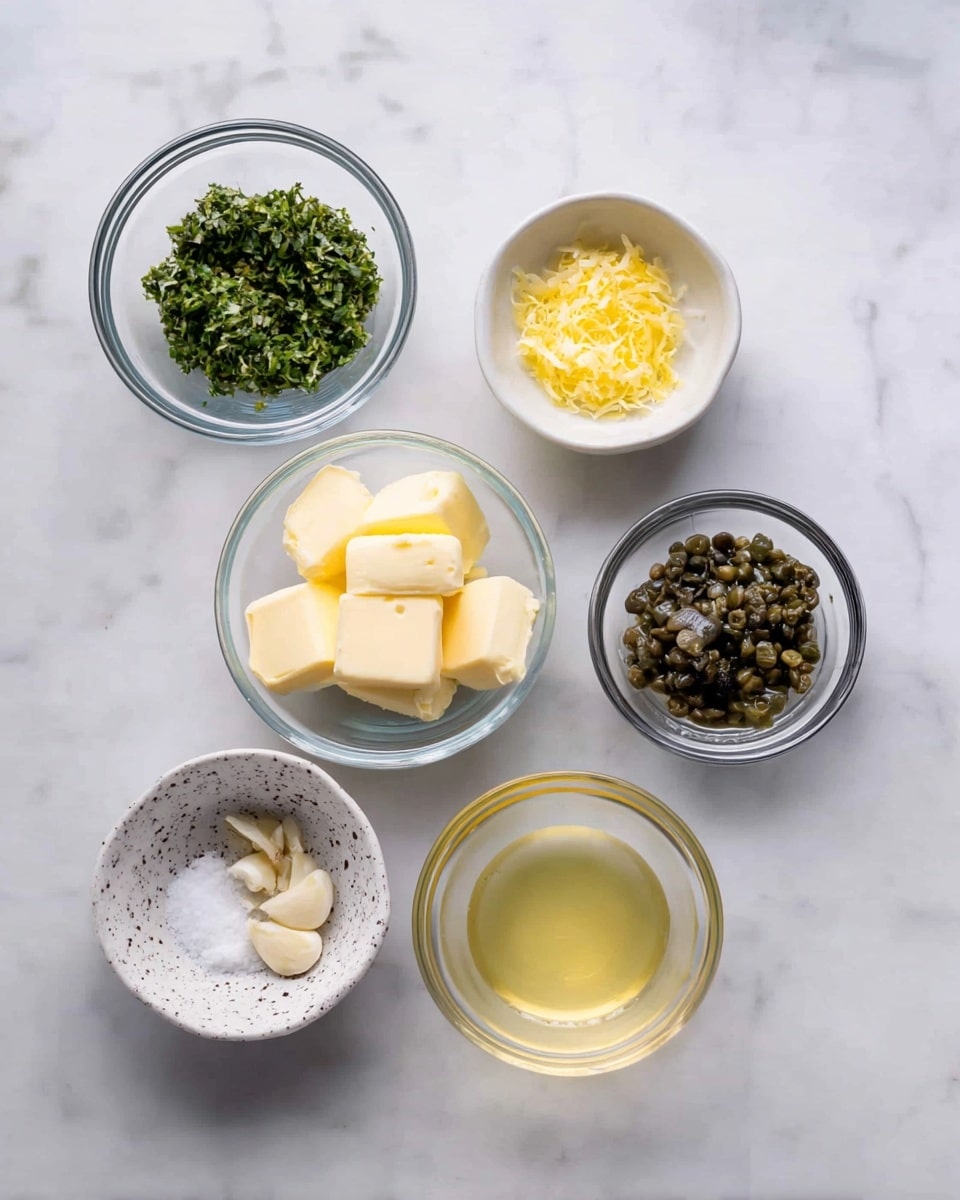 The image shows seven small bowls arranged on a white marbled surface. At the top left, there is a clear glass bowl filled with chopped green herbs. Next to it on the right, a small white bowl holds yellow lemon zest. To the right of this, another clear glass bowl contains dark greenish capers. Below the capers, a larger clear glass bowl has three light yellow butter slices. On the bottom left, a white speckled bowl holds coarse white salt. In the middle bottom, a clear glass bowl is filled with a pale yellow liquid, likely lemon juice. To the right of this, a smaller clear glass bowl contains minced garlic, which is a creamy off-white color. photo taken with an iphone --ar 4:5 --v 7