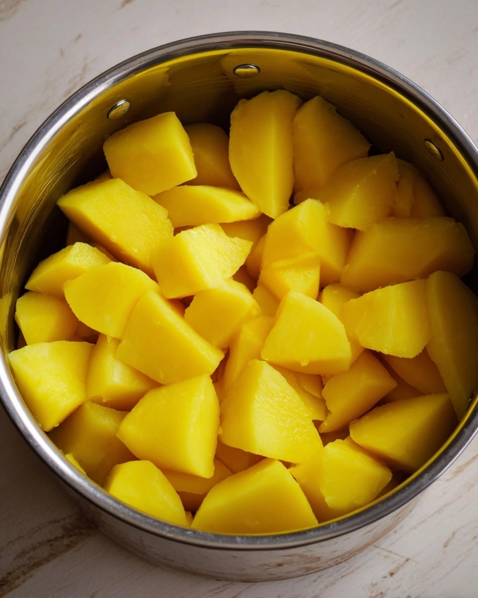 The image shows a metal pot filled with bright yellow peeled potato pieces. The potatoes are cut into medium-sized chunks with smooth surfaces and soft edges. The pot is round with a shiny silver interior and small rivets on the upper rim. The background is a white marbled texture. photo taken with an iphone --ar 4:5 --v 7