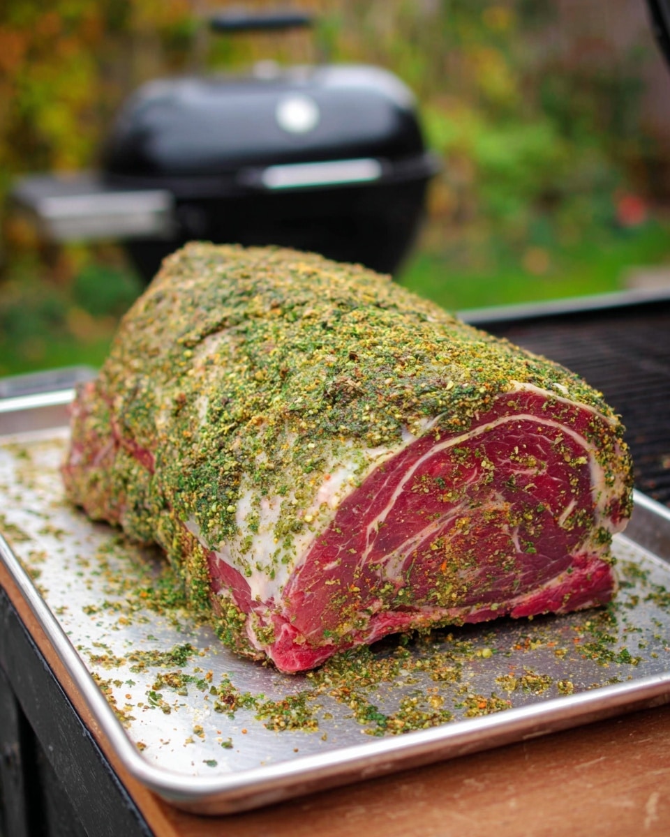 The image shows a large raw rolled roast with marbled red meat and white fat layers, coated thickly with a green herb and spice mixture that has a coarse texture, covering the entire surface and some scattered bits around the edges. It sits on a shiny silver metal tray with raised edges, which rests on a white marbled textured surface. In the background, there is a blurred black smoker grill and greenery, providing an outdoor setting. Photo taken with an iphone --ar 4:5 --v 7