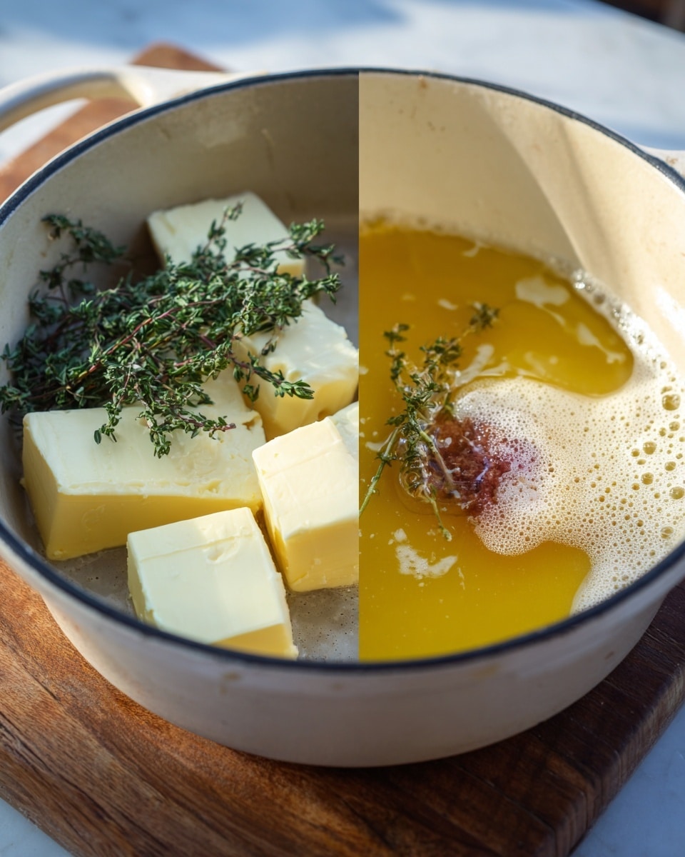 The image shows a white pot with a heavy black rim sitting on a wooden board. Inside the pot on the left side, there are five thick blocks of pale yellow butter stacked casually with fresh green herb sprigs placed on top, including thyme and sage, creating a contrast of colors and textures. On the right side, the butter has melted into a glossy, golden-yellow liquid with a smooth texture, surrounded by white foamy bubbles along the sides, and a small piece of browned herb or seasoning floats in the liquid, resting near the center. The whole pot is set against a white marbled surface, and soft natural light highlights the details in the butter and herbs. Photo taken with an iphone --ar 4:5 --v 7