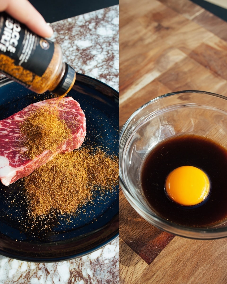 On the left side of the image, a piece of raw meat with a red and white marbled texture lies on a shiny black plate, covered heavily with a golden brown spice being sprinkled from a bottle held by a person. On the right side, a clear glass bowl sits on a wooden surface with an egg yolk sitting on top of dark brown soy sauce, showing a smooth and shiny texture. The background features a white marbled texture. photo taken with an iphone --ar 4:5 --v 7