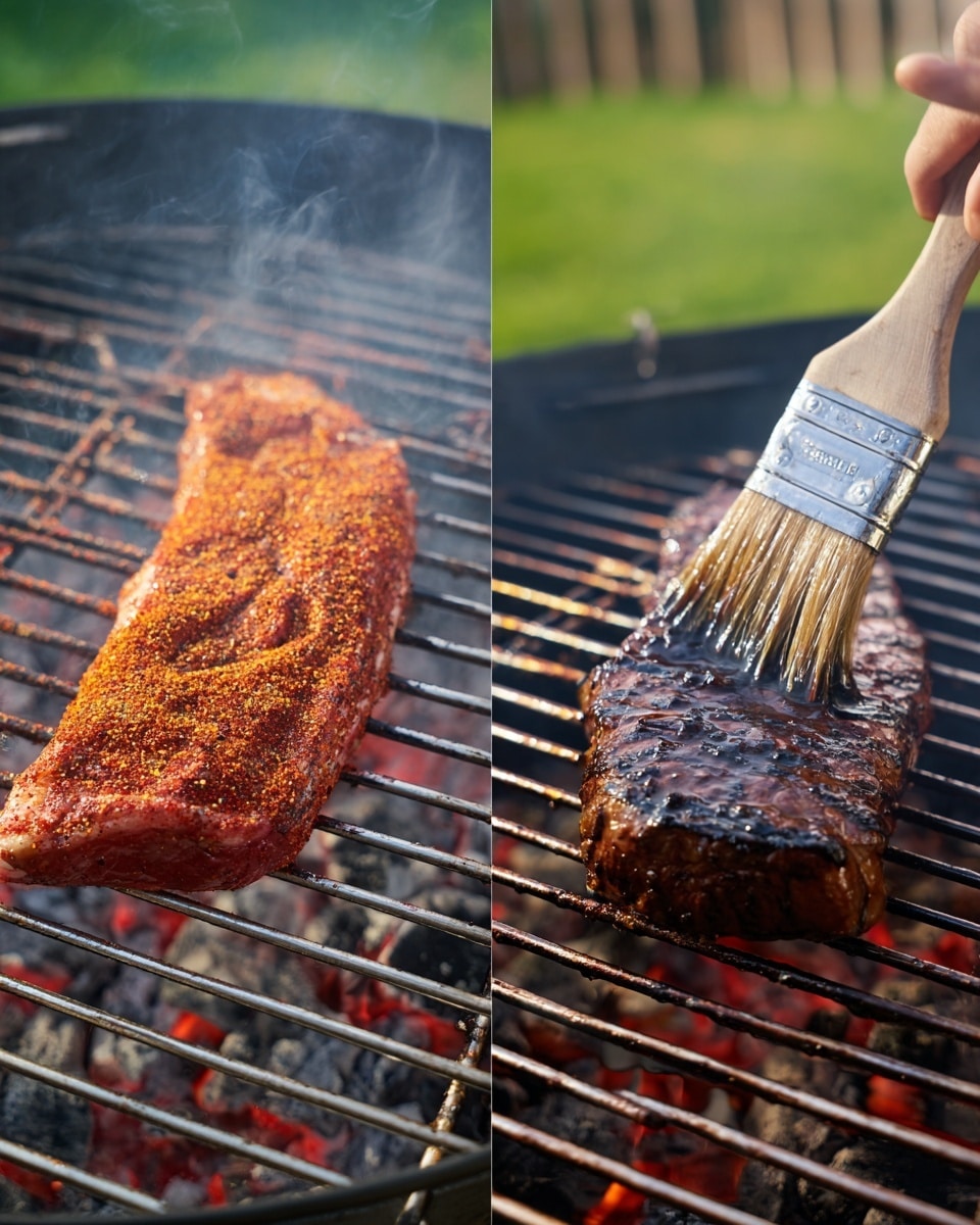 The image shows two views of a steak being grilled over hot charcoal on a metal grill rack. On the left side, the steak is raw with a reddish-brown color covered in spice rub, with a textured surface and visible fat along the edges. On the right side, the steak is dark brown and charred, being brushed with a dark sauce by a woman's hand holding a silver brush, steam rising around it. The grill bars run horizontally with glowing red coals beneath. The background includes blurred green grass and a fence. Photo taken with an iphone --ar 4:5 --v 7