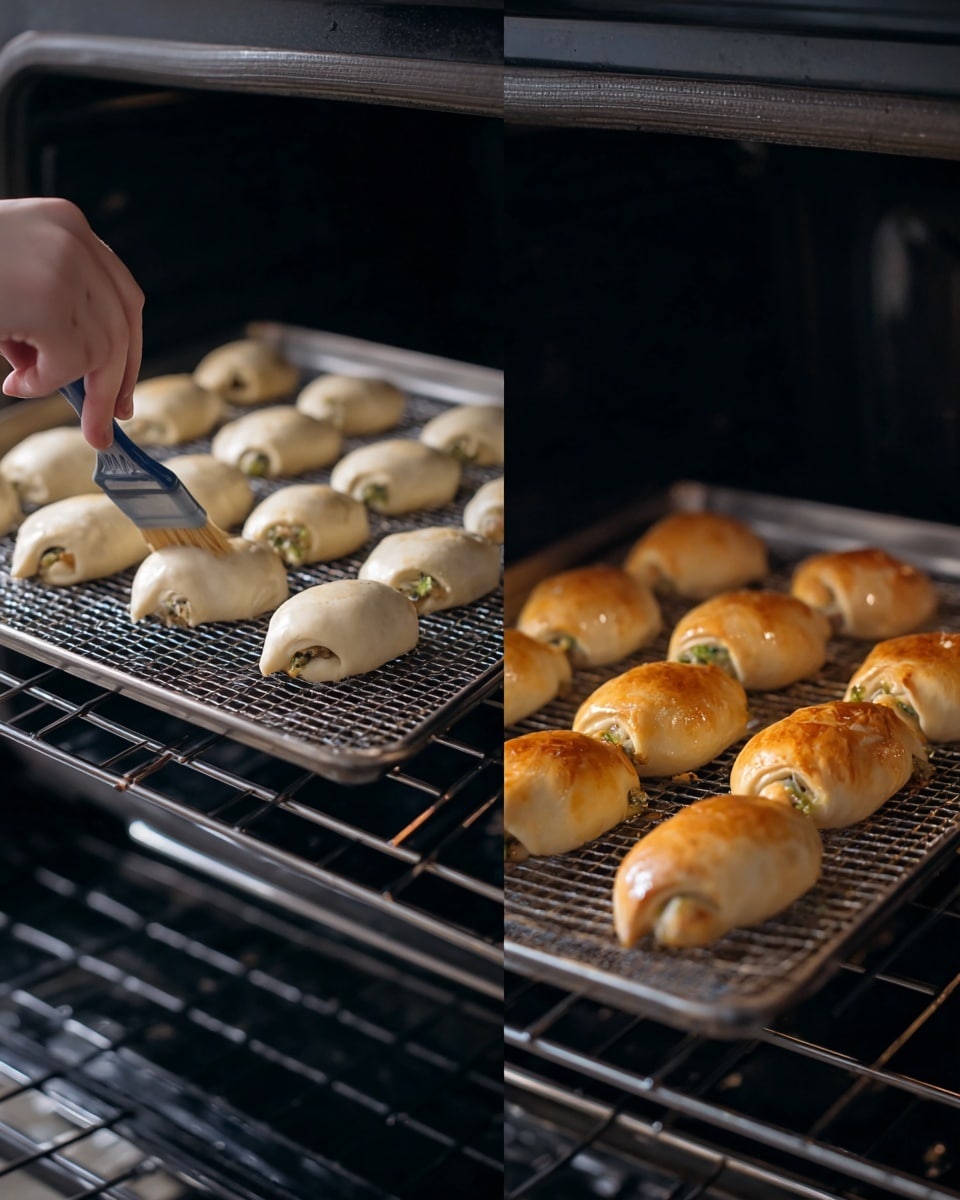 The image shows two views of small stuffed pastry rolls baking inside an oven on a metal rack and a wire baking tray. On the left, a woman's hand is brushing a shiny liquid over nine uncooked, pale dough rolls arranged in two rows on a metal rack, each roll appearing soft with smooth, pale beige surfaces and some green filling visible peeking out. On the right, twelve golden-brown baked rolls with a shiny, crisp, and slightly flaky texture sit neatly in three rows on a wire baking tray. The background inside the oven is dark, highlighting the contrast between raw and cooked rolls, with the interior oven racks and black oven walls visible. photo taken with an iphone --ar 4:5 --v 7
