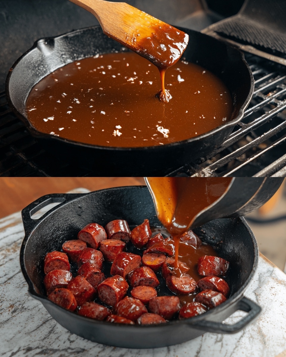 The left side shows a black cast iron pan inside a grill, filled with thick, glossy brown sauce with small white chunks, stirred by a wooden spatula. On the right side, a black cast iron pan on a wooden table holds sliced, dark reddish cooked sausage pieces. A smaller pan is tipped above it, pouring the same brown sauce over the sausage pieces, coating them evenly. The background has a white marbled texture photo taken with an iphone --ar 4:5 --v 7