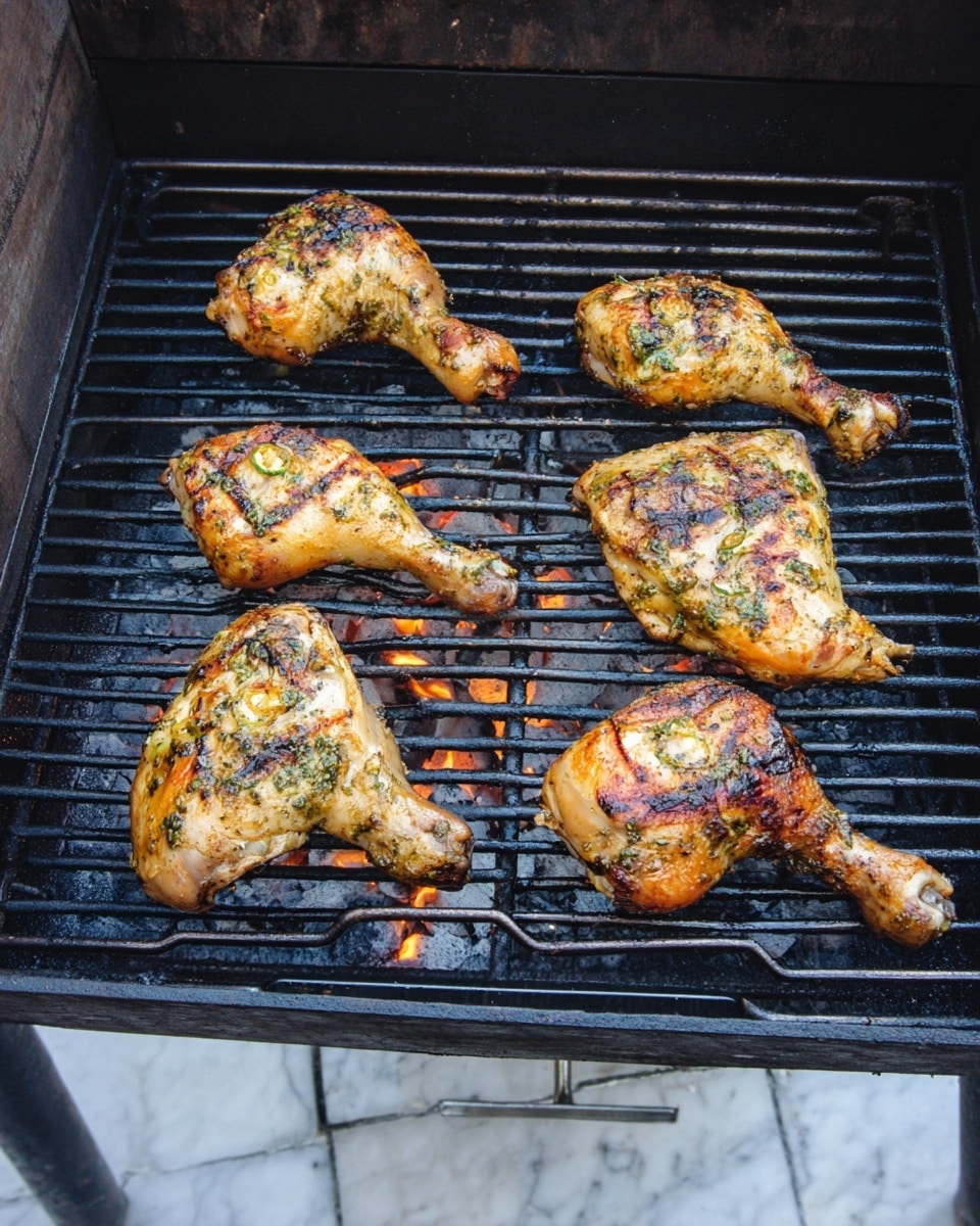 There are six grilled chicken legs on a black barbecue grill over glowing charcoal with small flames. Each chicken leg is golden brown with slight charring and shows herbs and thin slices of green chili pepper spread on top. The chicken pieces are arranged evenly in two rows, three pieces in each row. The grill and firebox have a slightly worn look. The background around the grill shows a white marbled surface. photo taken with an iphone --ar 4:5 --v 7