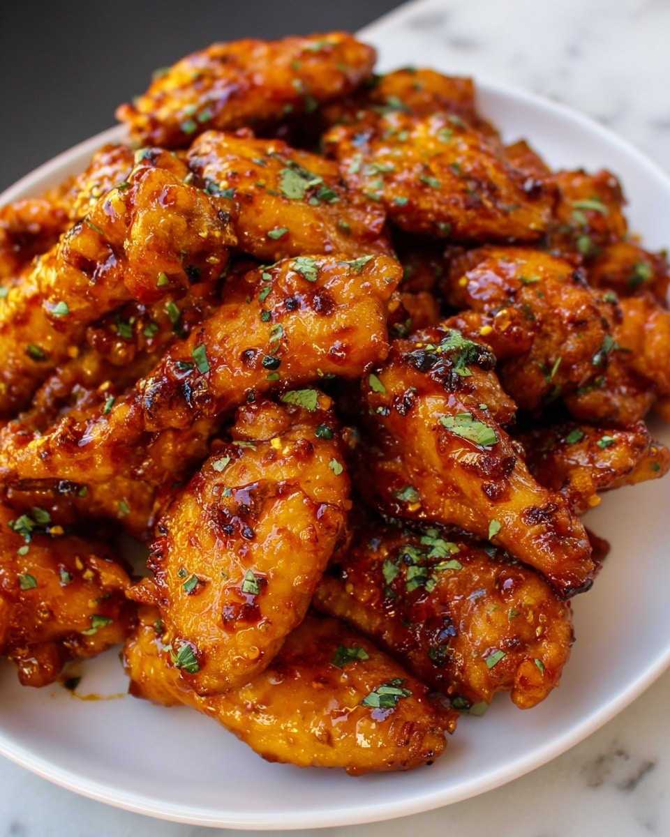 The image shows a close-up view of a white plate full of cooked chicken pieces. The chicken is coated in a shiny, reddish-brown sauce with a slightly sticky look. Small green herb bits are sprinkled evenly over the chicken, adding a fresh pop of color. The chicken pieces are piled up casually, showing different shapes and sizes with some charred spots that add texture. The background is a white marbled surface, and the overall look is warm and inviting. photo taken with an iphone --ar 4:5 --v 7
