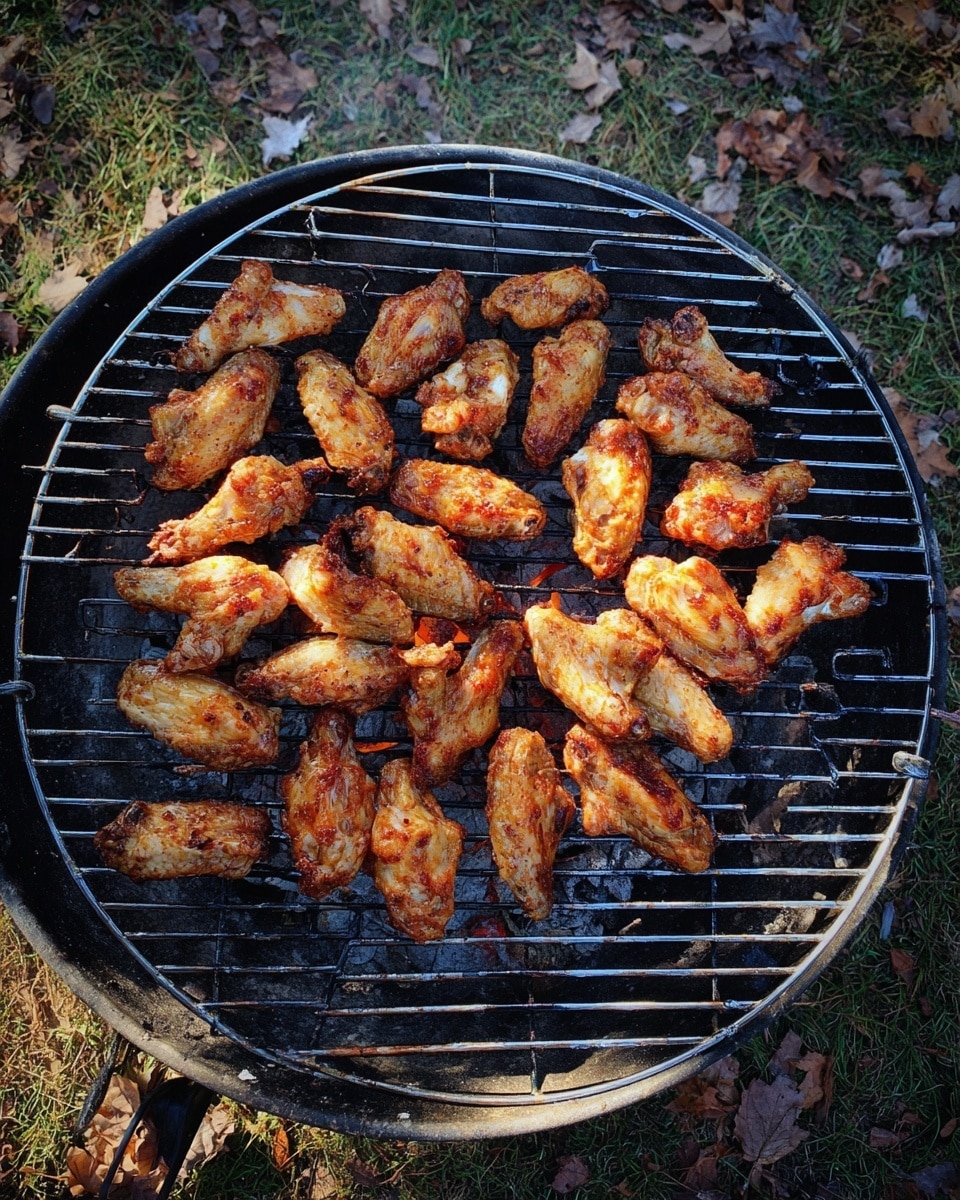 A round metal grill filled with many pieces of cooked chicken wings, showing a mix of light and dark golden brown colors with a slightly crispy texture; the wings are spread across the grill mesh with some areas showing a glowing flame beneath, and the grill is set outdoors on grass with dry leaves scattered around, the whole scene has natural light. photo taken with an iphone --ar 4:5 --v 7