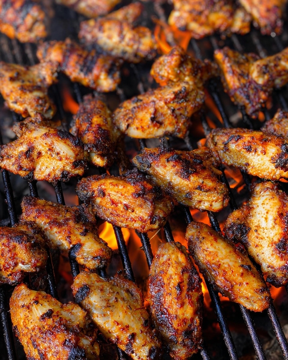 A close-up view of many grilled chicken wings on a black grill rack over hot orange flames. The chicken wings are golden brown with a mixture of darker, charred spots and light crispy skin. They are spread closely together, showing a rough, slightly shiny texture with a spicy, smoky look. The grill bars under the wings show blackened marks and a glowing fire is visible beneath, adding warmth to the scene. photo taken with an iphone --ar 4:5 --v 7