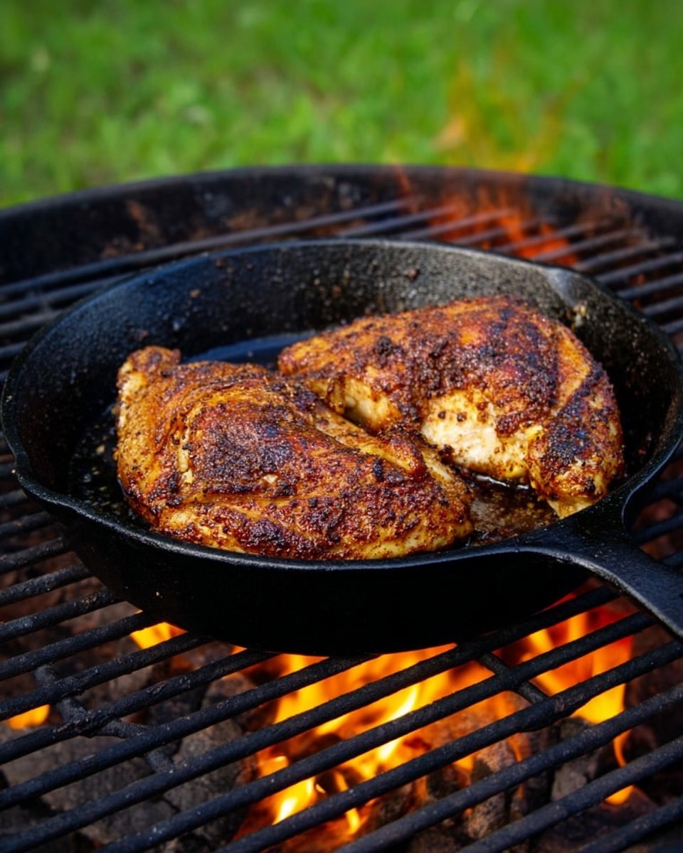The image shows a black roasting pan inside a round charcoal grill with an open lid. Inside the pan, there is a metal rack holding three whole seasoned chickens with a reddish spice mix and herbs spread evenly on their skin. There are also two halved yellow lemons placed among the chickens, adding bright color contrast. The bottom of the pan has a layer of sliced white onions providing texture under the rack. The grill edges and the background show some scattered leaves and plants. The overall setting has a casual outdoor cooking vibe. photo taken with an iphone --ar 4:5 --v 7