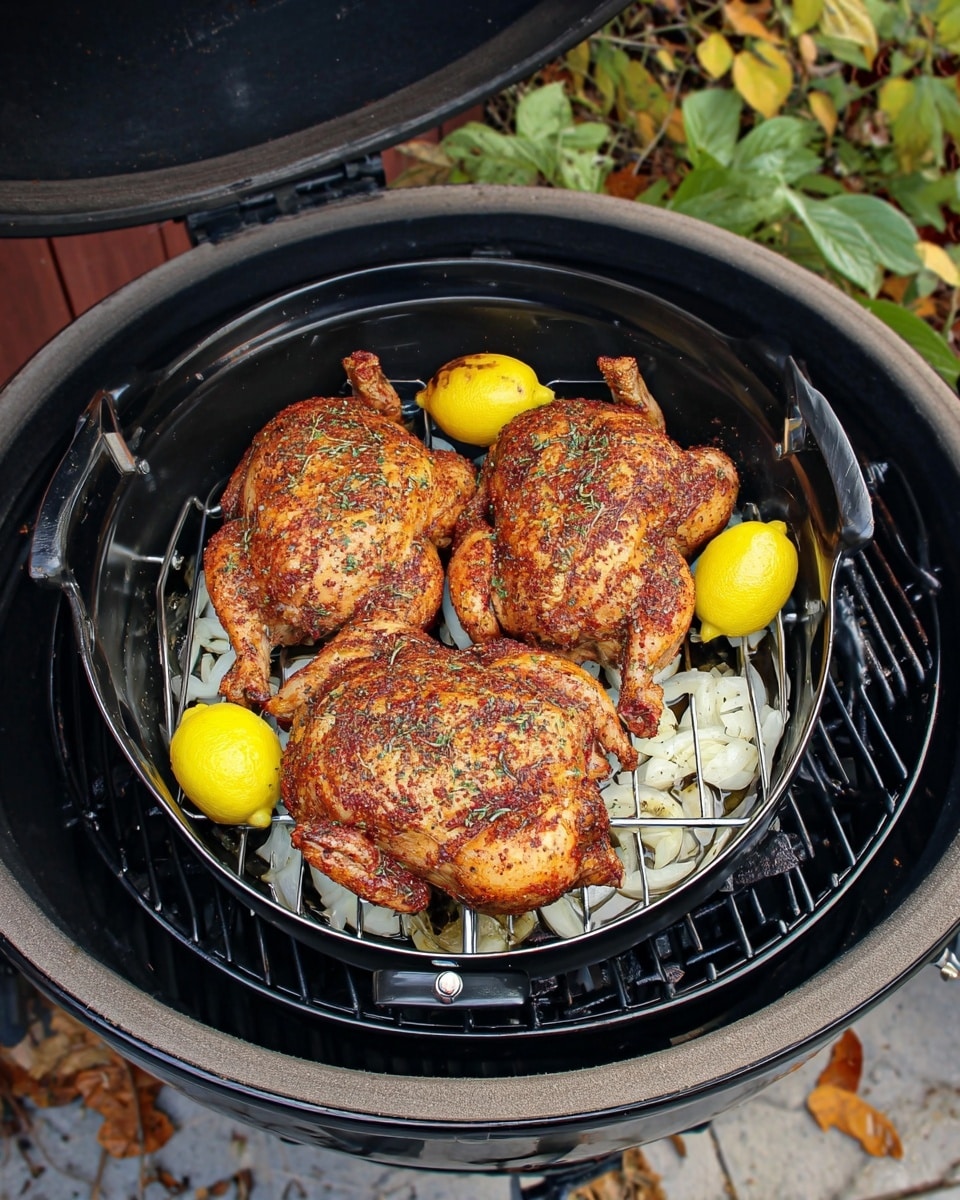 A cast iron pan sits on a black grill over orange flames, containing a single piece of cooked chicken with a rich, dark brown crust from seasoning and cooking, showing varied textures of crispy and tender areas. The chicken is centered in the pan, which has a slightly oily surface with some cooking juices visible around the meat. The grill bars are thick and black, with green grass blurred in the background. The overall scene gives an outdoor cooking feeling. Photo taken with an iphone --ar 4:5 --v 7