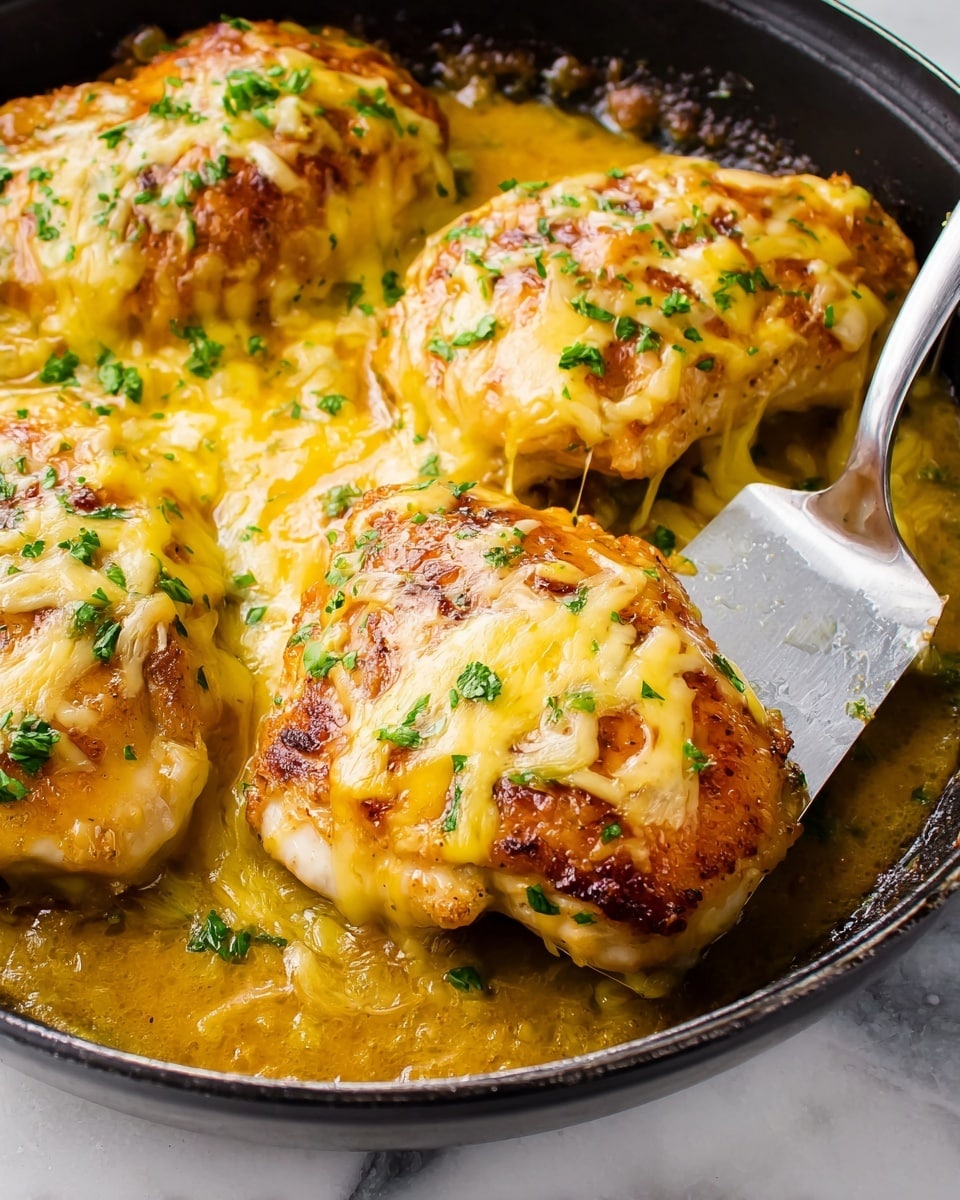 The image shows four pieces of cooked chicken in a black pan, each topped with melted yellow cheese that stretches slightly between them. The chicken has a browned, crispy texture on top, and the pan is filled with a light brown sauce that looks thick and shiny. Small green parsley pieces are sprinkled evenly over the cheese and chicken, adding a fresh contrast. A metal spatula rests under one piece, slightly lifting it. The background is a white marbled texture. photo taken with an iphone --ar 4:5 --v 7