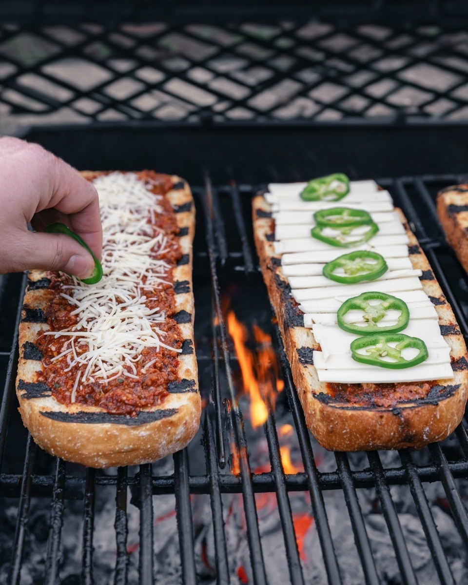 Two long pieces of toasted bread with grill marks sit on a grill rack over hot charcoal. The bread has a layer of reddish meat sauce spread evenly on top. On the right side, thin slices of white cheese are placed in a single layer covering the sauce. A woman's hand is adding thin green slices of jalapeño pepper on the cheese on one piece of bread. The background shows grey lattice and the grill is positioned above glowing coals. photo taken with an iphone --ar 4:5 --v 7