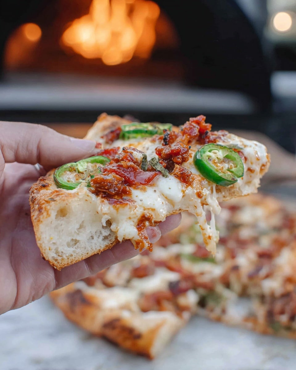 A close-up image shows a woman's hand holding a slice of pizza with a thick, golden-brown crust. The pizza has three main layers visible: the bottom layer is a lightly toasted dough, the middle layer contains a melted white cheese with a smooth, creamy texture, and the top layer is a mix of small crispy chunks of reddish-brown meat and bright green jalapeño slices. Small patches of melted cheese spread over the toppings give a soft, stringy look. In the blurred background, more pizza slices and a flame from a pizza oven can be seen over a white marbled surface. photo taken with an iphone --ar 4:5 --v 7