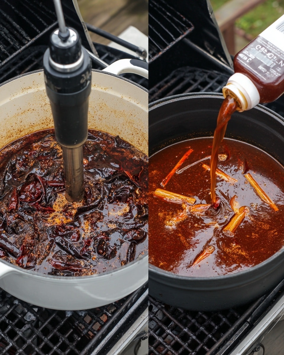 In the left side of the image, there is a white pot on a grill with a dark burnt-red sauce inside that has large dark brown and black chili pieces being blended by a black and silver immersion blender. The sauce looks thick and glossy with bits of spices floating around. On the right side, a dark pot sits on the same grill, filled with a reddish-brown liquid sauce that has onion layers and sticks of cinnamon floating on top, and a dark brown liquid is being poured into it from a white carton. The grill and the outdoor setting are slightly visible in the background. photo taken with an iphone --ar 4:5 --v 7