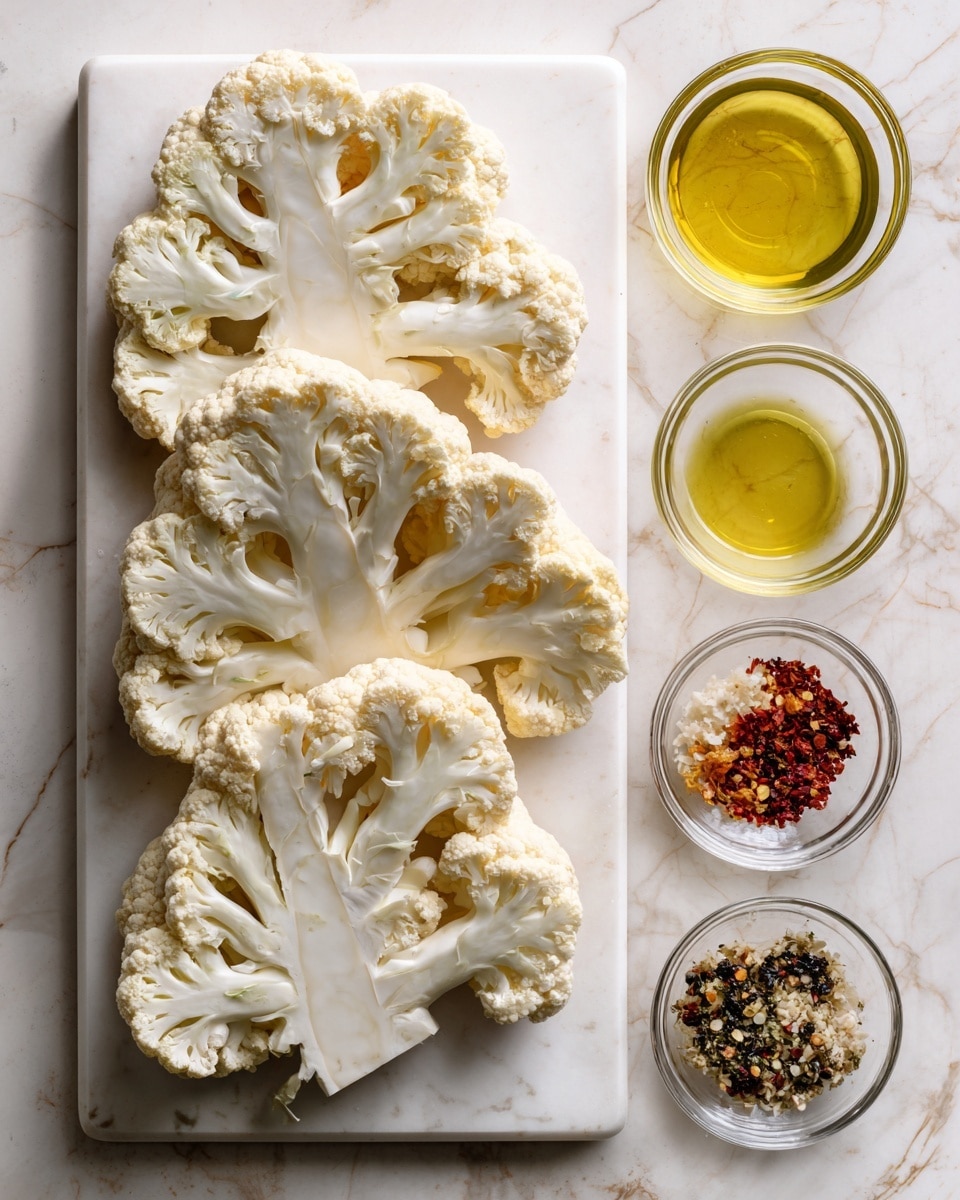 The image shows four large slices of cauliflower with a pale cream color and a bumpy texture, placed on a white cutting board. To the right of the cutting board are five small clear glass bowls arranged vertically on a white marbled surface, each containing different ingredients: a light yellow liquid at the top, a mixture of coarse black and white particles below it, crushed red flakes in the middle, minced light yellow garlic underneath, and golden olive oil at the bottom. The scene is bright and clean with a white marbled background. photo taken with an iphone --ar 4:5 --v 7