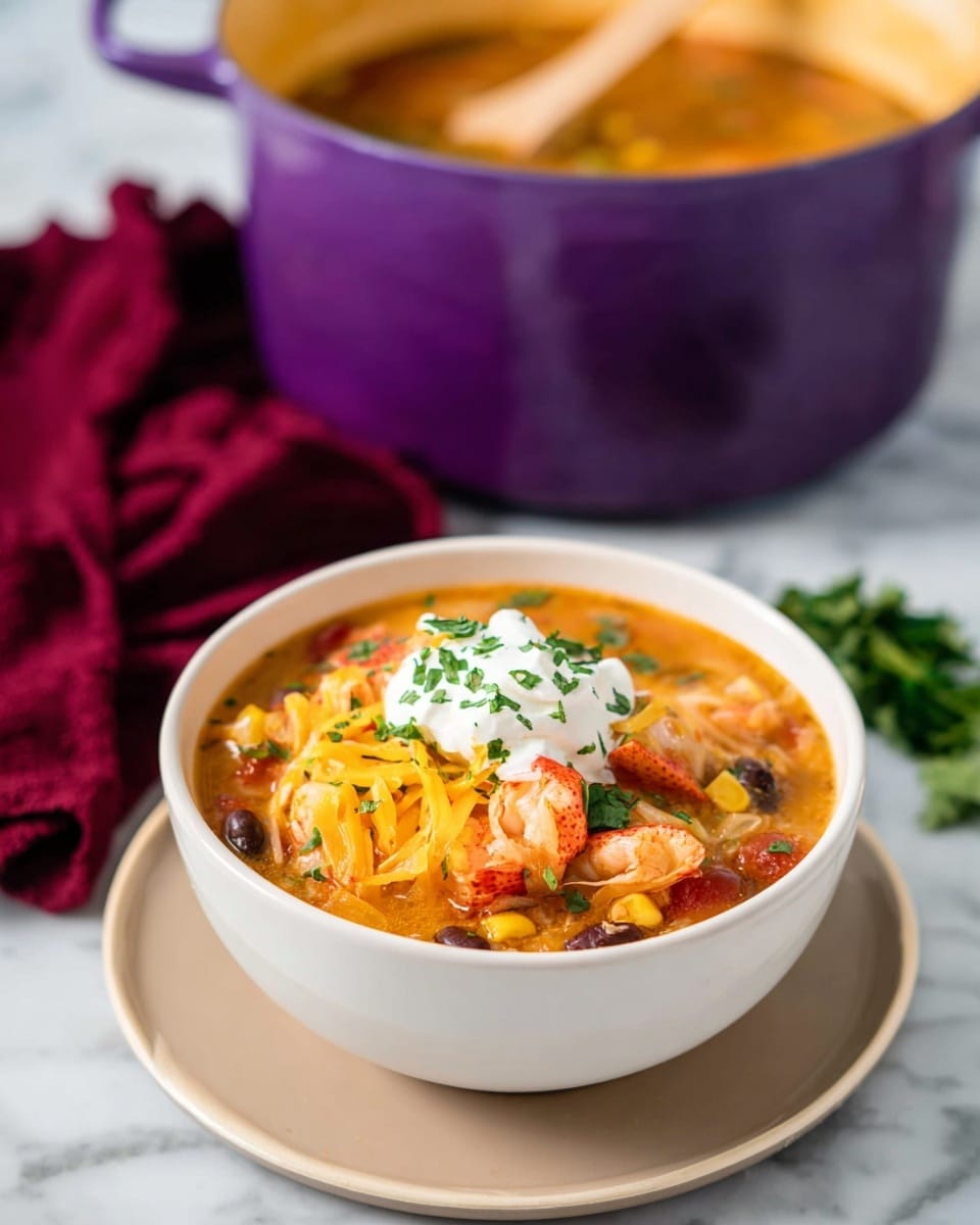 A white bowl filled with a thick soup that has visible layers including chunks of red lobster, yellow corn, black beans, and green herbs mixed inside. On top of the soup, there is a layer of shredded yellow cheese and a dollop of white sour cream with chopped green herbs sprinkled over it. The bowl sits on a light beige plate placed on a white marbled surface. In the blurred background, a purple pot with soup and a wooden spoon inside sits on the same white marbled surface, with a dark red cloth nearby. photo taken with an iphone --ar 4:5 --v 7