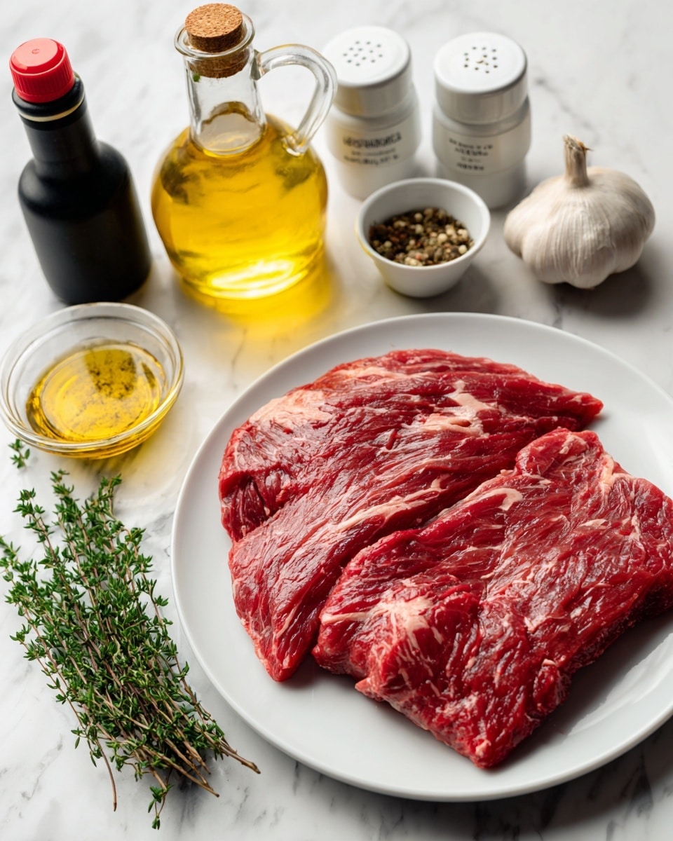 A large piece of raw red meat with visible marbling lies flat on a white round plate, placed on a white marbled surface. Behind the plate, there are several bottles and containers including a clear bottle of olive oil with a yellow label, two small white jars with black text, a dark glass bottle, a bottle with a black cap and dressing inside, and a bulb of garlic positioned on the right side. Photo taken with an iphone --ar 4:5 --v 7
