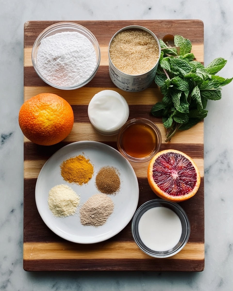 A wooden board with light and dark stripes sits on a white marbled surface. On the board, there is a glass bowl of white powder on the top left, a small bowl of light brown granulated sugar next to it, and an open coconut milk can with white liquid behind the sugar. A small bunch of fresh green mint leaves is placed next to a halved blood orange showing a deep red inside on the top right. Below, another whole blood orange with its textured orange and red skin is on the bottom left. In the center, a white round plate holds five small piles of spices in different colors: yellow, light brown, beige, and reddish-orange. There is a small white bowl of amber-colored vanilla or syrup on the right. Finally, a glass bowl with white powder is at the bottom center. The photo was taken with an iphone --ar 4:5 --v 7