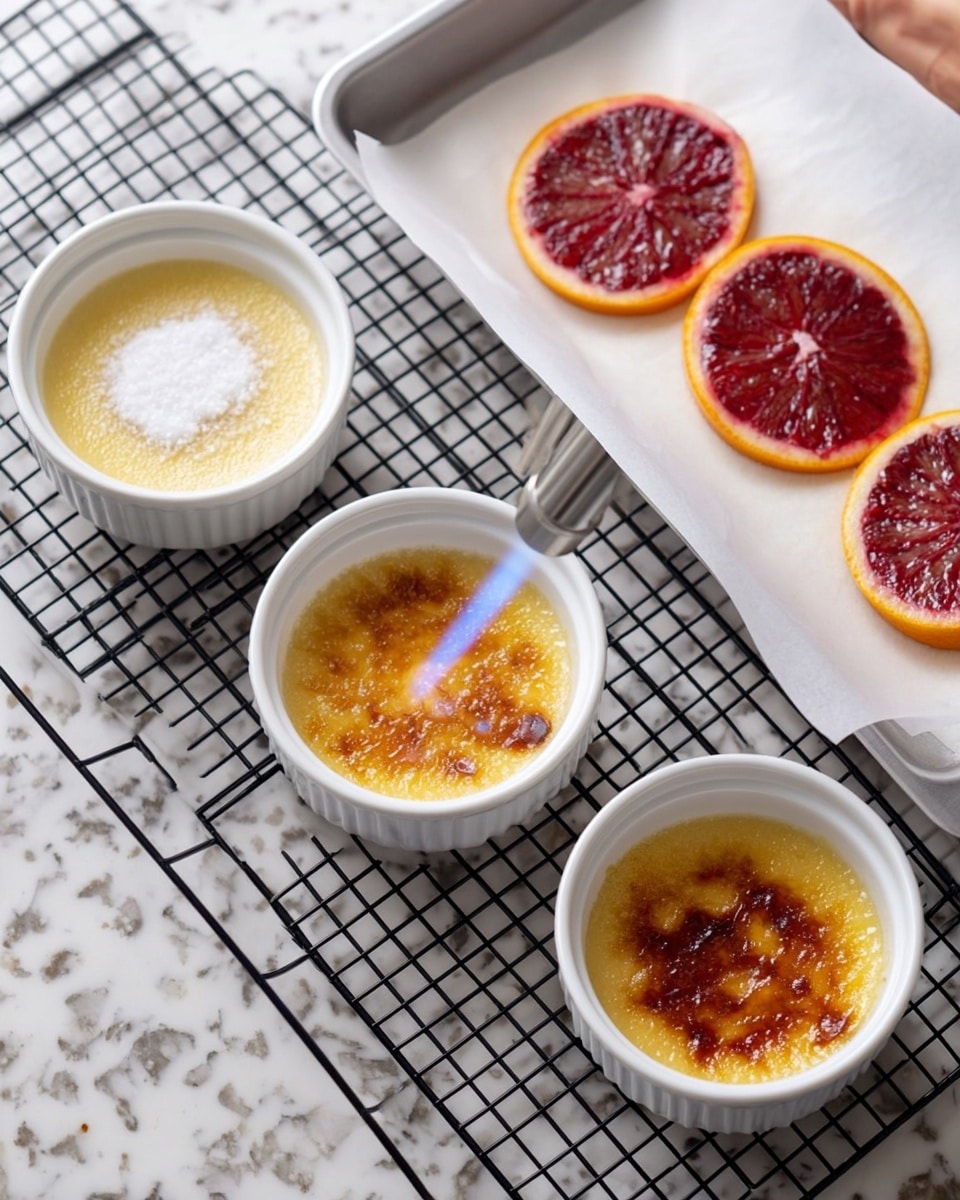 The image shows a step-by-step process of making crème brûlée in three white ramekins on a black cooling rack over a white marbled surface. In the first ramekin, there is a smooth pale yellow custard topped with an even layer of white granulated sugar. In the second ramekin, a woman’s hand holds a torch applying a blue flame to the sugar, which begins to melt and bubble, turning golden. In the final ramekin, the sugar is caramelized to a shiny golden-brown crust with darker spots, creating a crisp top layer. In the background, a tray with four slices of deep red blood orange rests on white parchment paper. Photo taken with an iphone --ar 4:5 --v 7