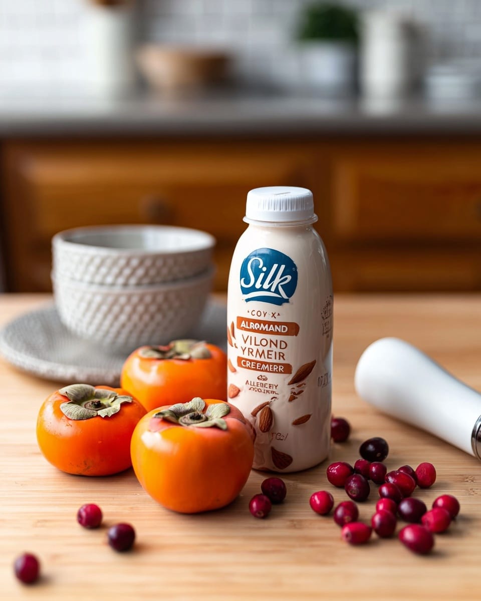 A bottle of Silk Vanilla Almond Creamer is placed in the center on a light wooden surface. Surrounding the bottle are three bright orange persimmons with green leafy tops, scattered fresh red cranberries, and a white immersion blender lying to the right. Behind the bottle, there is a small stack of white bowls with textured rims, and the background features a blurred wooden kitchen cabinet and white tiles. photo taken with an iphone --ar 4:5 --v 7