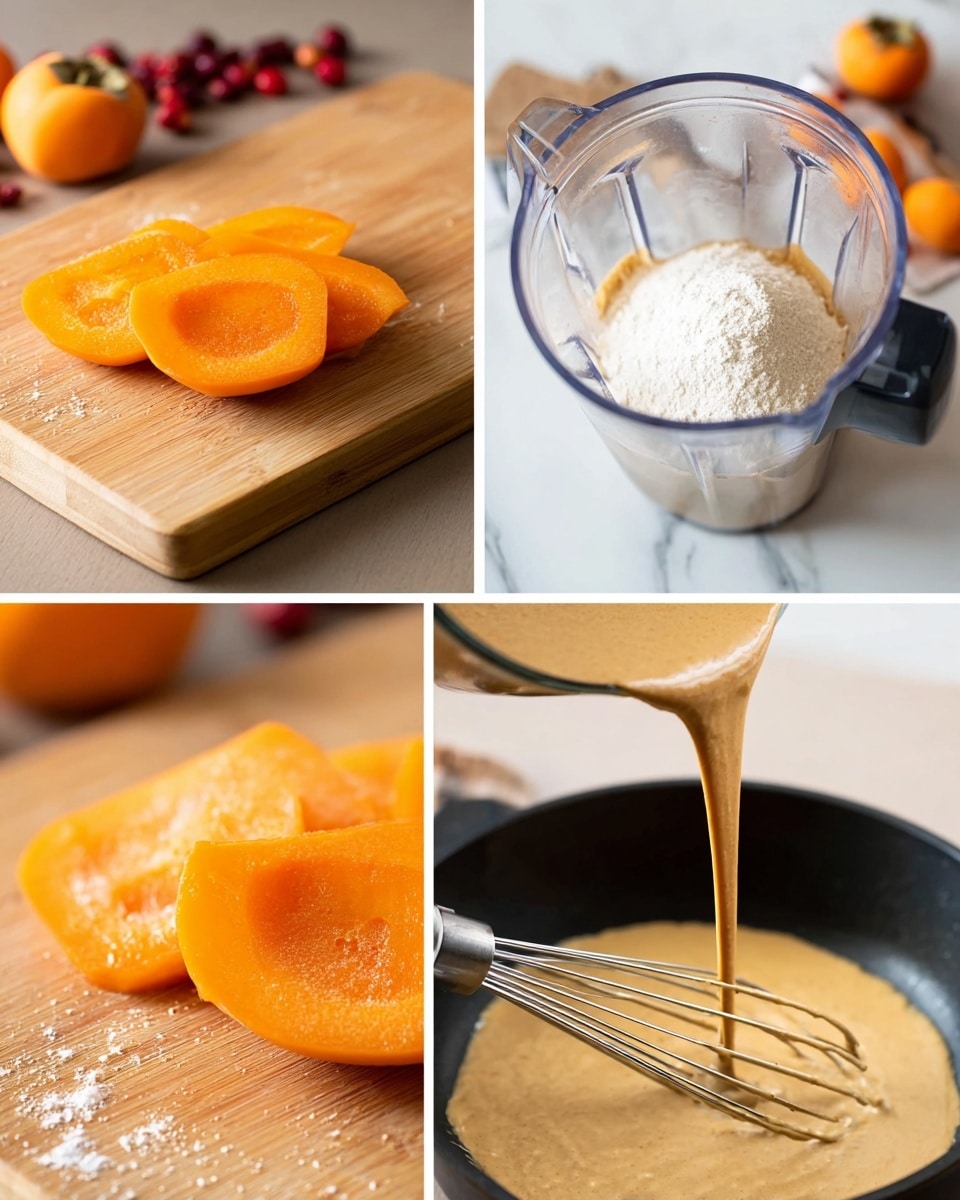 The image shows four scenes of making a sauce. The first part shows bright orange persimmon slices with a smooth texture, placed on a wooden cutting board with some whole persimmons and cranberries blurred in the background. The second scene is a clear blender container with a pale beige liquid and a mound of white powder sitting on top. The third scene shows a beige sauce being poured from the blender into a black pan, forming a smooth flowing layer. The last scene captures the same sauce being whisked in the pan, with the whisk coated in the thick, creamy beige mixture. The background throughout is a white marbled texture photo taken with an iphone --ar 4:5 --v 7
