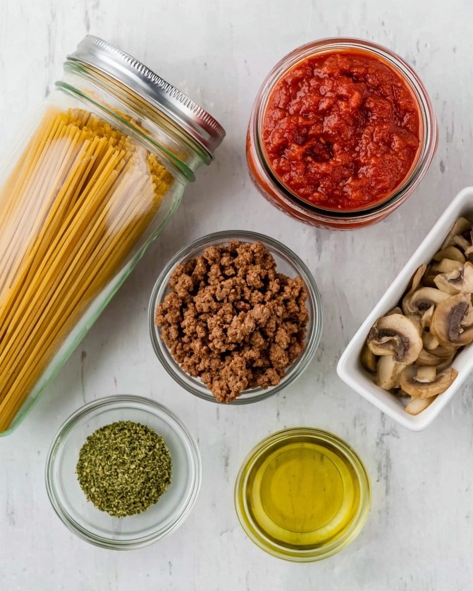 This image shows five separate ingredients placed on a white marbled surface. On the left, a tilted clear glass jar holds uncooked spaghetti strands grouped together by a silver band near the top. Above it, a round jar filled with thick red tomato sauce is open, revealing its smooth, slightly chunky texture. To the right of the sauce jar, a white rectangular bowl contains well-cooked browned ground meat with a crumbly texture. In the middle bottom area, three small clear glass bowls hold different ingredients: one with finely ground green herbs, another with light golden olive oil that has a glossy surface, and the last with marinated, light brown sliced mushrooms visible through the liquid. photo taken with an iphone --ar 4:5 --v 7