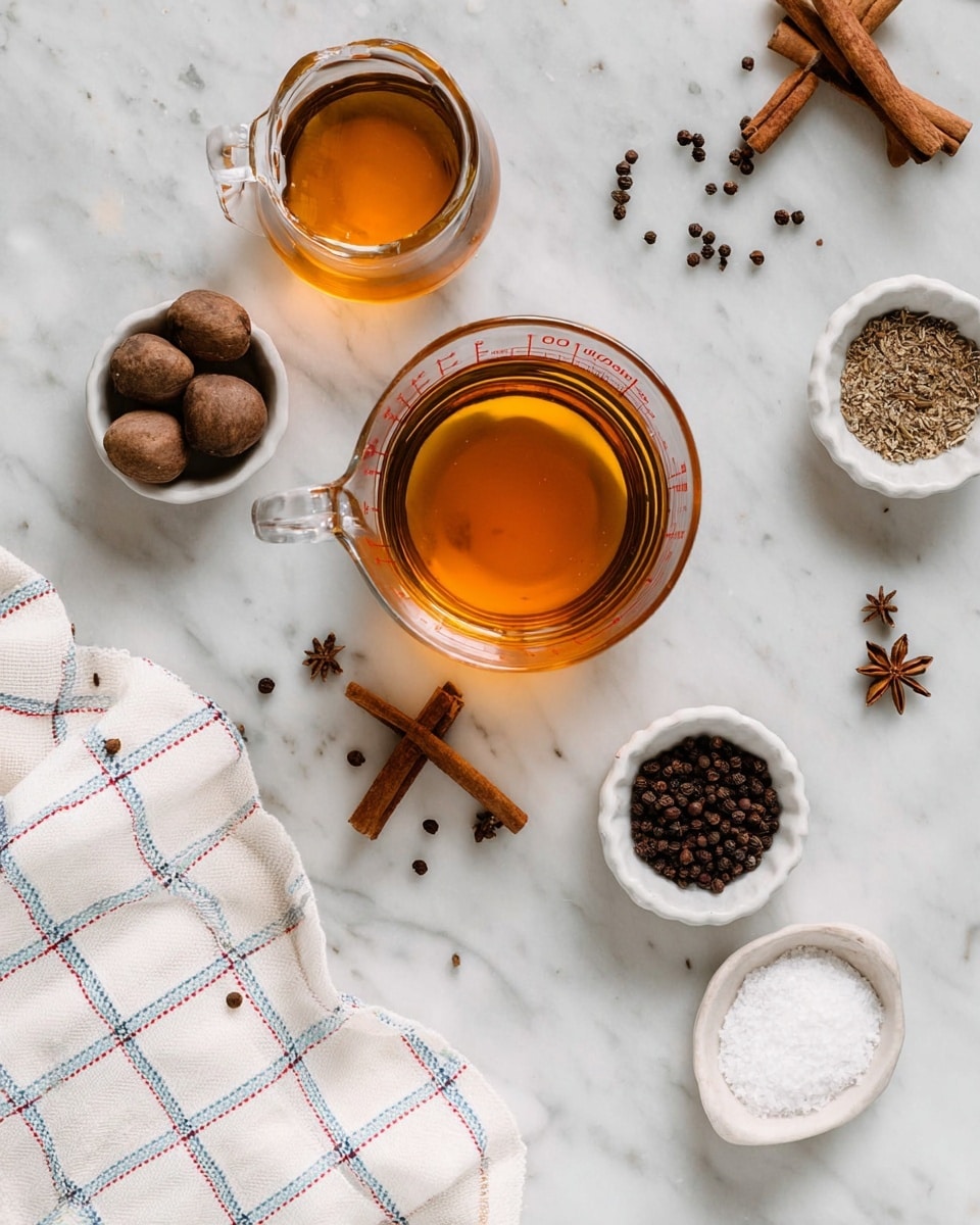 The image shows a white marbled surface with two clear glass measuring cups filled with amber and golden liquids placed near the center and top left. Around them, small white bowls hold various spices including whole nutmegs, dark brown cloves, black peppercorns, and white granulated sugar. Cinnamon sticks are arranged casually on the surface alongside a few scattered cloves. A soft, white cloth with red and blue grid lines is partially visible in the bottom left corner. photo taken with an iphone --ar 4:5 --v 7