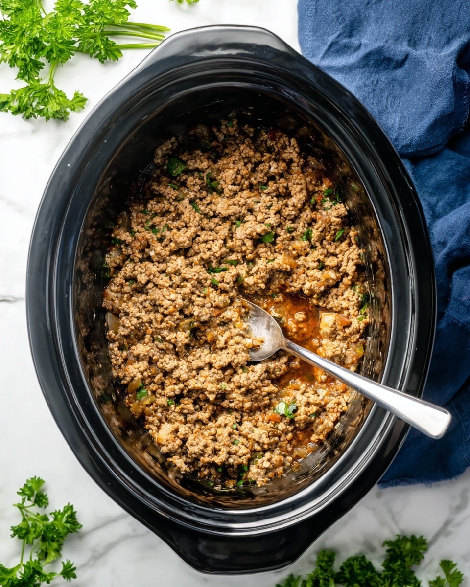 Inside a black slow cooker, there is one layer of cooked ground meat mixed with small bits of light brown cooked onions. The texture looks crumbly and soft. A silver spoon is placed inside the cooker, touching the meat mixture. Around the slow cooker, on a white marbled surface, there are bright green parsley sprigs on the top left and bottom left corners and a dark blue cloth on the right side. The photo was taken from above. photo taken with an iphone --ar 4:5 --v 7