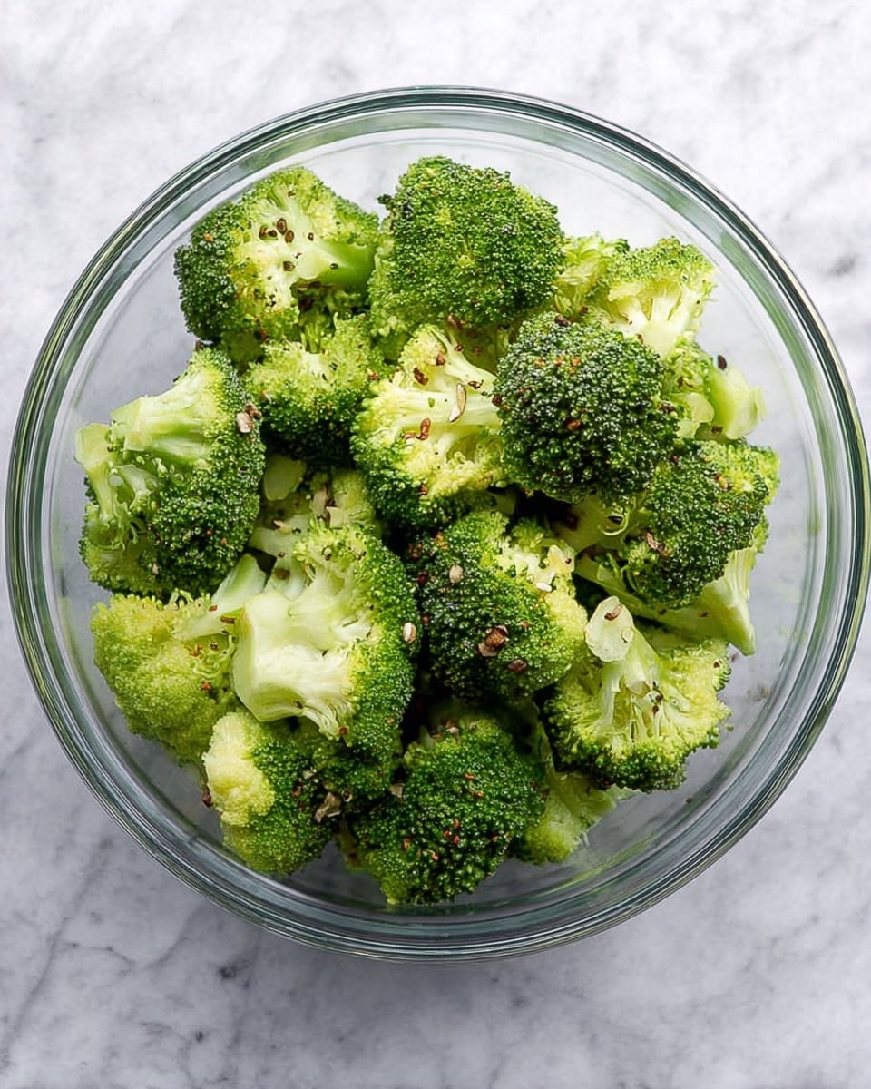 A clear glass bowl filled with many pieces of fresh broccoli, some bright green with tight florets and others lighter green with a softer texture, sprinkled lightly with black pepper and small brown seeds, placed on a white marbled surface, photo taken with an iphone --ar 4:5 --v 7