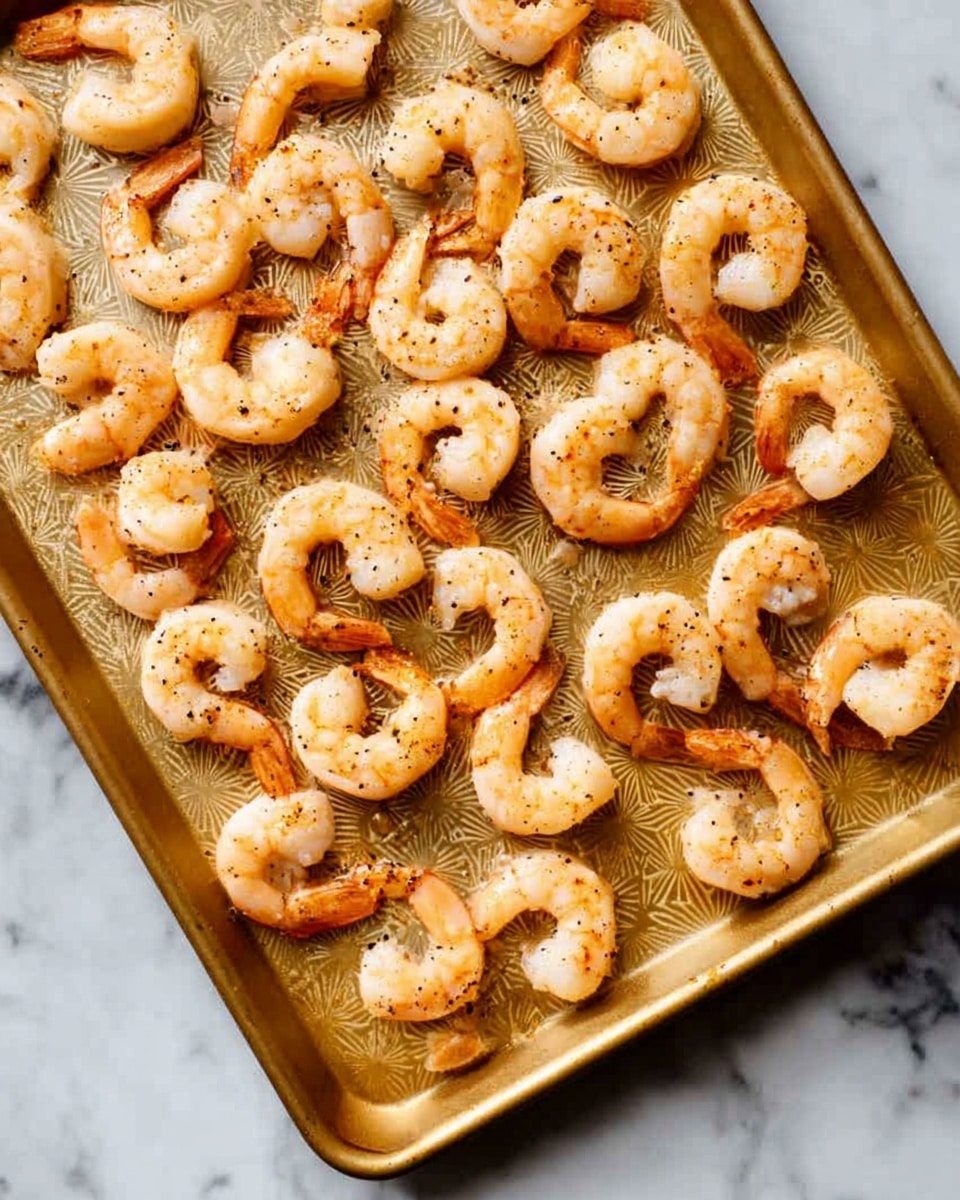 The image shows a baking tray filled with 35 cooked shrimp arranged in scattered rows. Each shrimp is pinkish-orange with visible seasoning of black pepper, showing a slightly shiny, firm texture. The tray is golden-colored with a pattern that helps keep the shrimp in place. The background is a white marbled surface. Photo taken with an iphone --ar 4:5 --v 7