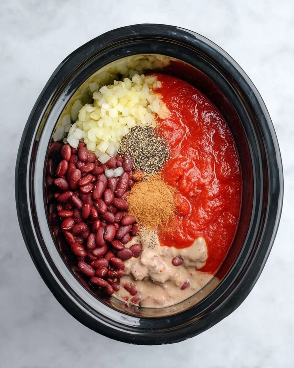 The image shows a black oval slow cooker on a white marbled surface filled with several distinct layers of ingredients that have not been mixed. Starting from the bottom left, there is a thick layer of dark red kidney beans with a glossy texture. Above the beans, there is a layer of finely chopped light yellow onions, divided into two sections on the upper left and upper right sides. To the right of the beans and beneath the onions on the right side, there is a smooth, thick beige paste. A large section of bright red tomato sauce covers the middle right part of the slow cooker, creating a bold contrast with the other ingredients. On top of the tomato sauce, near the center, is a small mound of black pepper. In the center of the slow cooker, over the top layers, there is a pile of tan and light brown powdered spices. The ingredients are placed carefully in separate sections, showing clear color and texture contrasts. The photo taken with an iphone --ar 4:5 --v 7