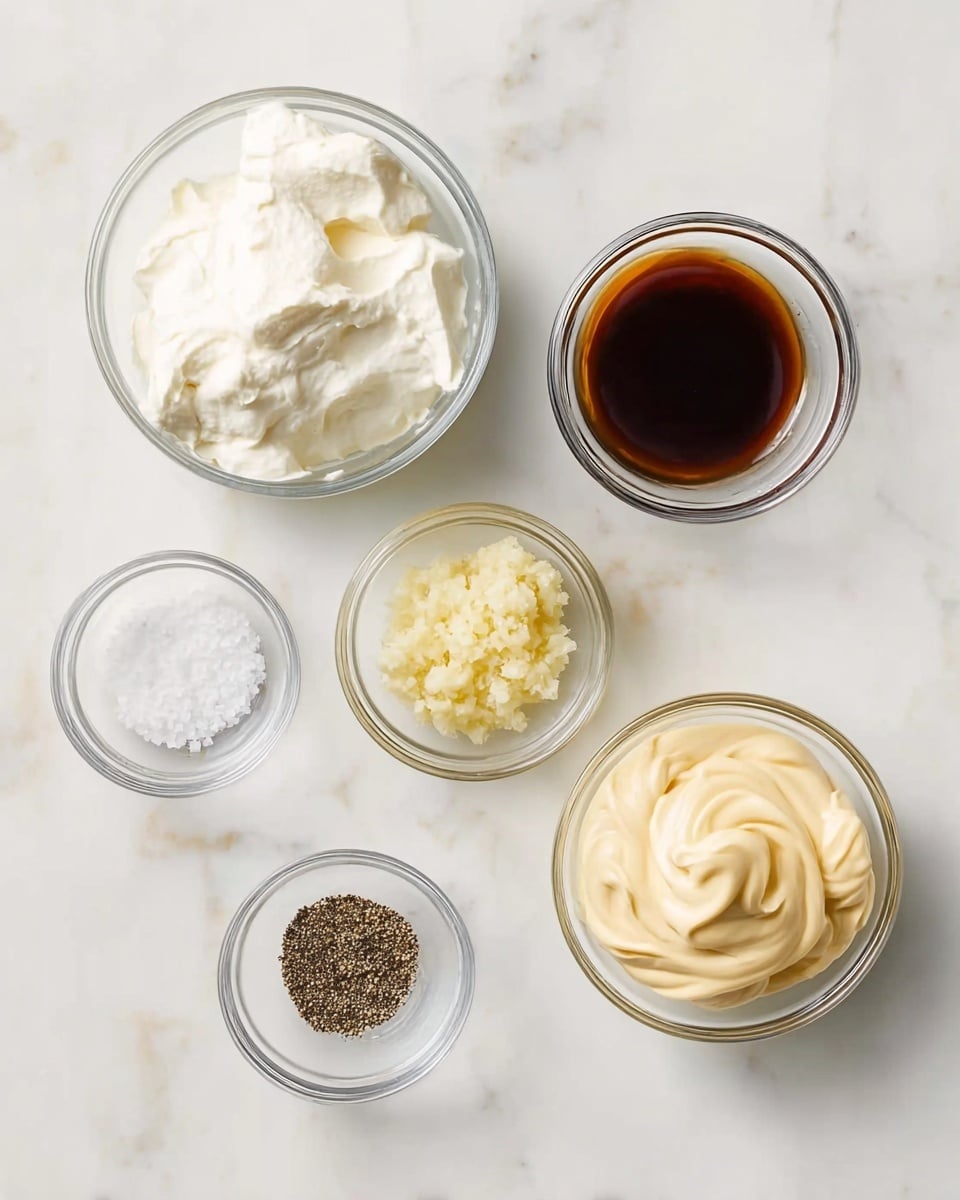 The image shows six small clear glass bowls placed on a white marbled surface. The largest bowl on the top left contains thick white sour cream with a smooth texture. To the right, a smaller bowl has dark brown soy sauce with a shiny surface. Below the soy sauce, a medium bowl holds light yellow minced garlic with a slightly chunky texture. On the bottom right, another medium bowl is filled with pale yellow mayonnaise with a creamy, swirled look. At the bottom center, a small bowl contains ground black pepper with a coarse texture. On the bottom left, the smallest bowl holds white salt crystals. Each bowl is evenly spaced and clearly visible in the top-down view. Photo taken with an iphone --ar 4:5 --v 7