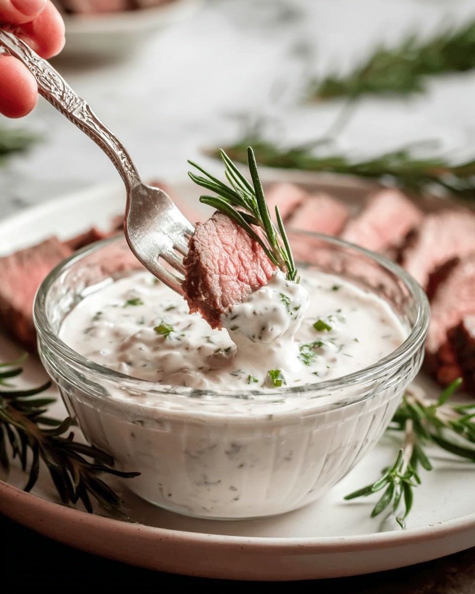 The image shows a close-up of a fork holding a piece of pink cooked beef, dipped into a small clear glass bowl filled with white creamy sauce with small green herb pieces mixed inside. The bowl sits on a white plate with a textured pattern, beside some sprigs of fresh green rosemary. In the background, blurred slices of cooked pink beef rest on a white marbled surface. Photo taken with an iphone --ar 4:5 --v 7