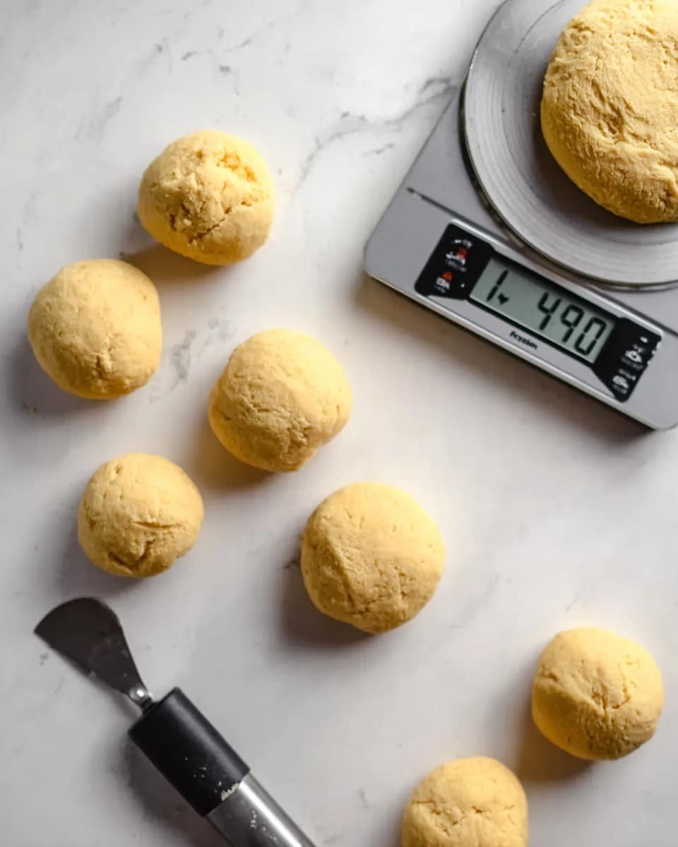 The image shows a close-up of seven small, round dough balls with a pale yellow color arranged on a white marbled surface. In the center, there is a flattened piece of dough with a rough texture, slightly cracked on top. To the right, a digital kitchen scale displays a dough ball on its weighing plate, showing the number 14.5. In the bottom left, a dough scraper with a black handle rests on the surface. The scene is bright and clean, focusing on the dough preparation. photo taken with an iphone --ar 4:5 --v 7
