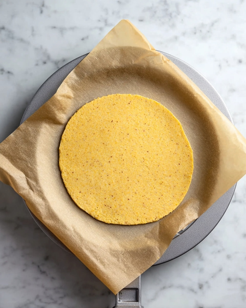 A thin, round yellow dough flat layer is placed on a square sheet of brown parchment paper, centered in a grey circular press with a handle, resting on a white marbled surface. The dough has a slightly rough texture with small specks of darker colors spread evenly across it. The parchment paper extends beyond the dough, framing it softly. No other objects or layers are visible in the image. photo taken with an iphone --ar 4:5 --v 7