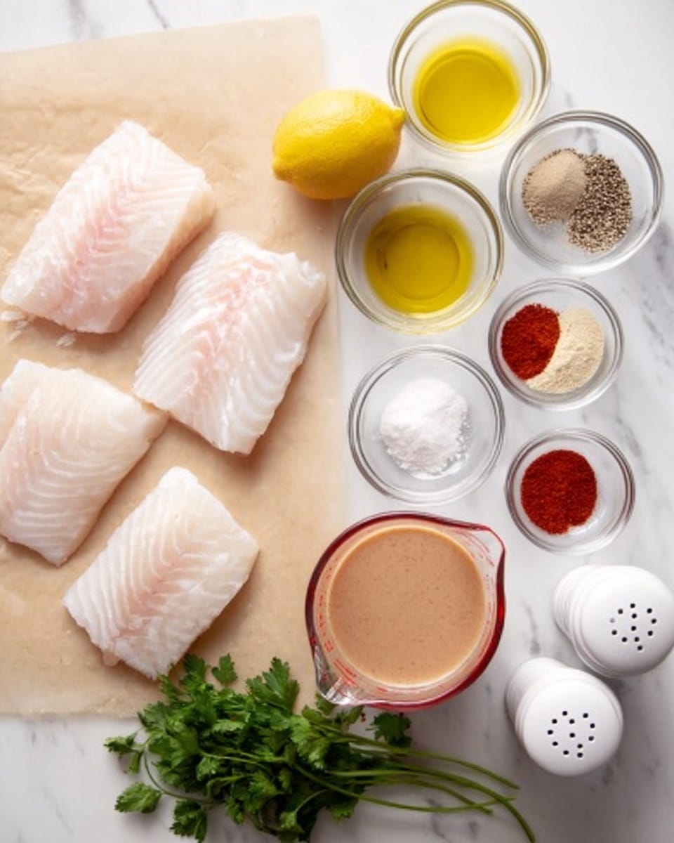 The image shows five pieces of raw white fish fillets with a soft pinkish tone, placed on a sheet of beige parchment paper on the left side of the frame. To the right, there are seven small clear glass bowls arranged neatly on a white marbled surface. These bowls hold various ingredients: a light yellow oil, ground black pepper, a bright yellow lemon, white flour, red paprika powder, light beige garlic powder, and a dark beige powder, possibly ginger or another spice. Below the bowls is a clear glass measuring cup with a light brown sauce, and next to it is a small bunch of fresh green parsley. Two white and red salt/pepper shakers are positioned on the far right. The whole setup is bright and clean, with a white marbled background and all bowls are clear glass except for the shakers. Photo taken with an iphone --ar 4:5 --v 7