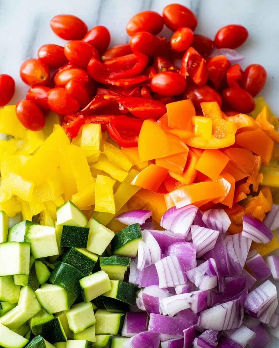 The image shows six layers of chopped vegetables on a white marbled surface. The top layer is small bright red cherry tomatoes, below them is a layer of medium green zucchini cubes with light green insides. Next to the zucchini is a layer of bright red bell pepper pieces. Below that is a layer of orange bell pepper pieces. The second-to-last layer has yellow bell pepper pieces, and the bottom layer shows chopped purple and white red onions. Each layer is distinctly separated and has a fresh texture. photo taken with an iphone --ar 4:5 --v 7