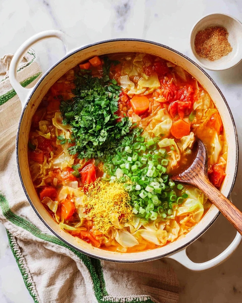 The image shows a white pot filled with a colorful soup. The soup has a base of light orange broth with visible chunks of cabbage, slices of orange carrots, and pieces of red tomatoes. On top, there are three piles of fresh green herbs: chopped cilantro, chopped green onions, and minced garlic, and two piles of yellow zest placed near the center. A wooden spoon rests inside the pot, slightly angled to the right. The pot is set on a white marbled surface with a beige cloth with green borders beside it, and a small white bowl with some ground spice is visible on the top right of the image. Photo taken with an iphone --ar 4:5 --v 7
